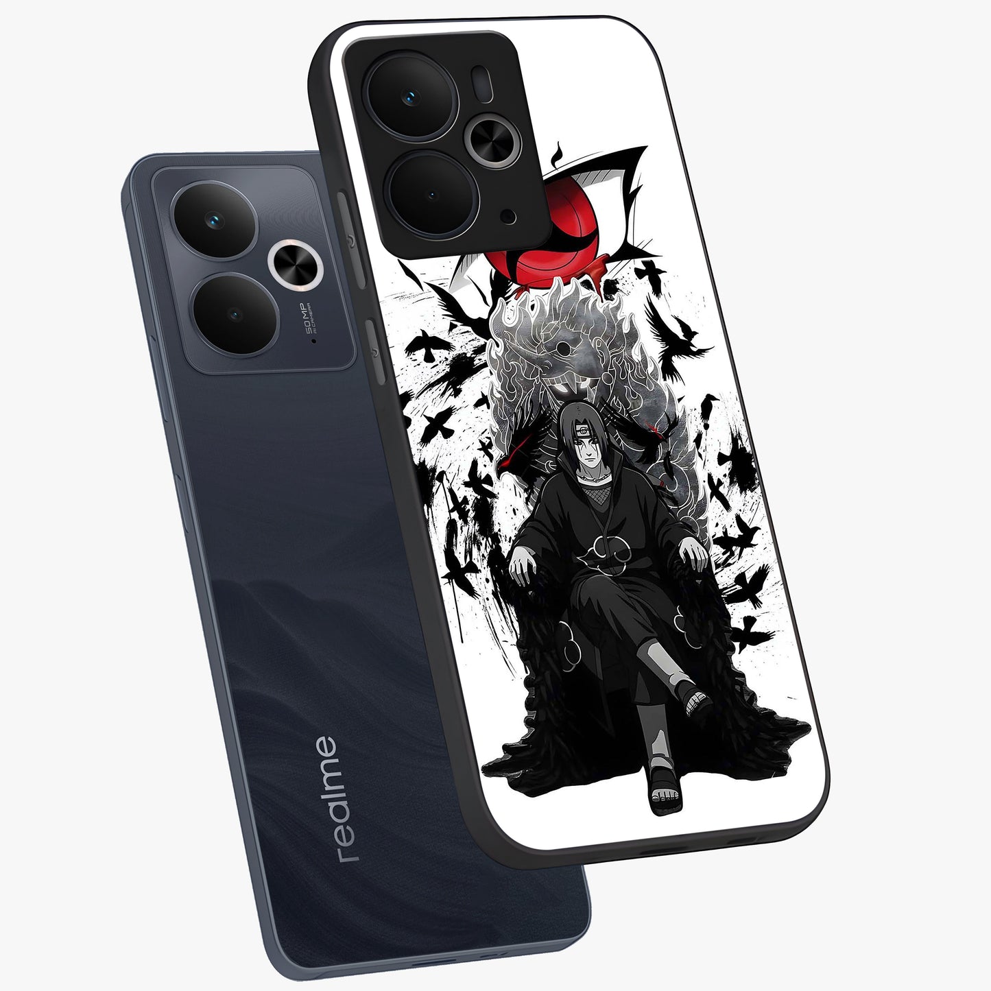 Uchiha Shadow Throne Glass Case displayed in angled mockup highlighting glowing aquatic design with celestial aesthetic.