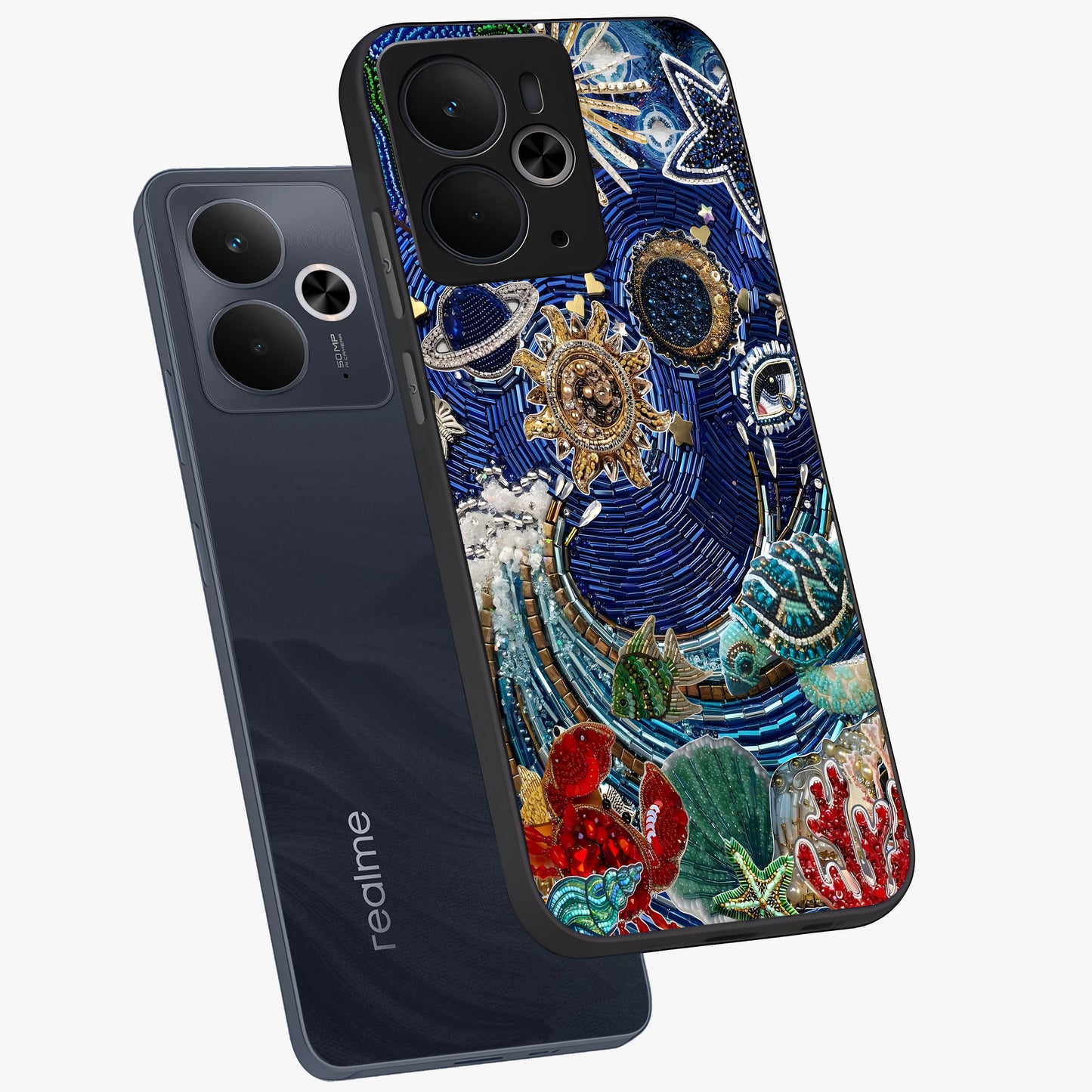 Universe Underwater Spark Glass Case displayed in angled mockup highlighting glowing aquatic design with celestial aesthetic.