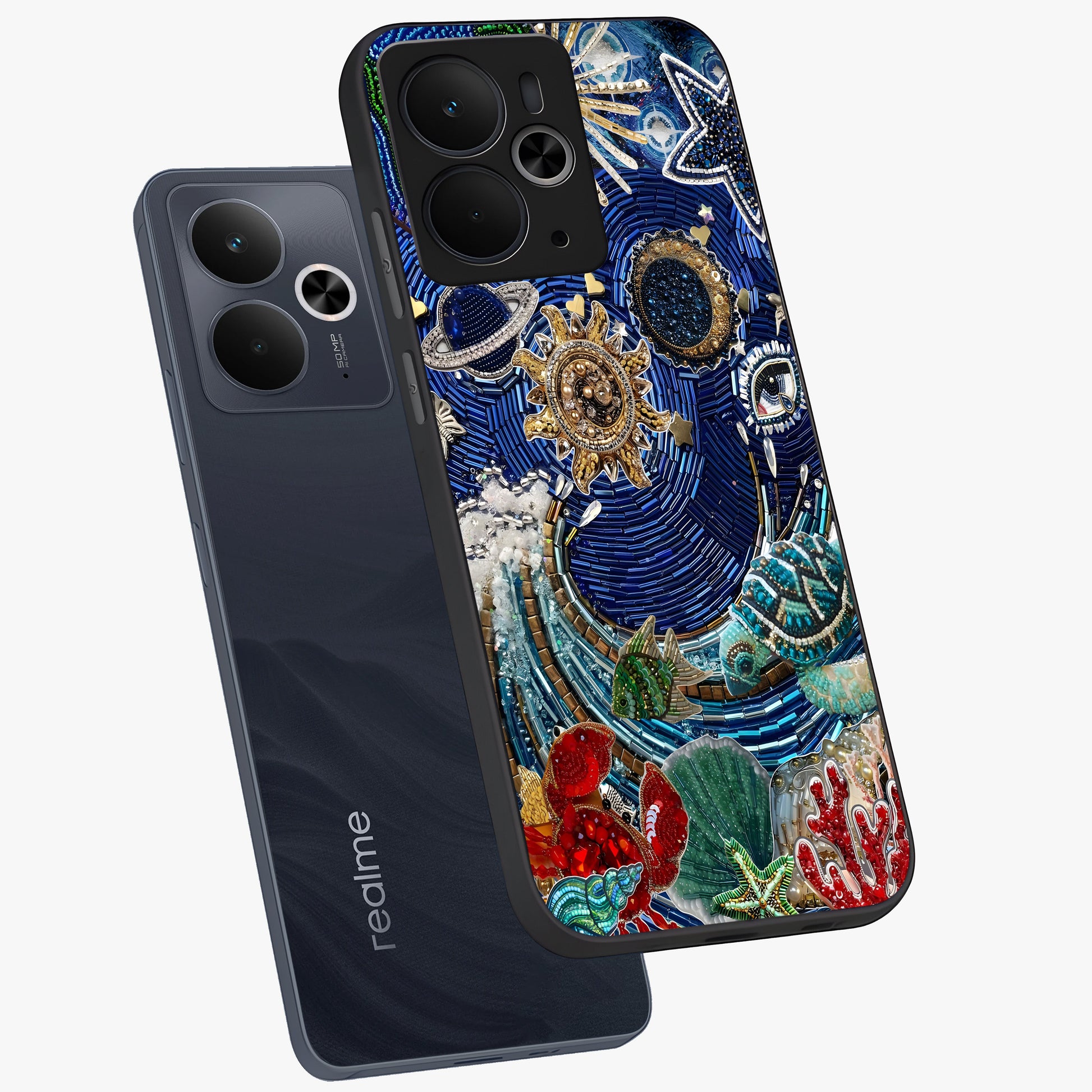Universe Underwater Spark Glass Case displayed in angled mockup highlighting glowing aquatic design with celestial aesthetic.
