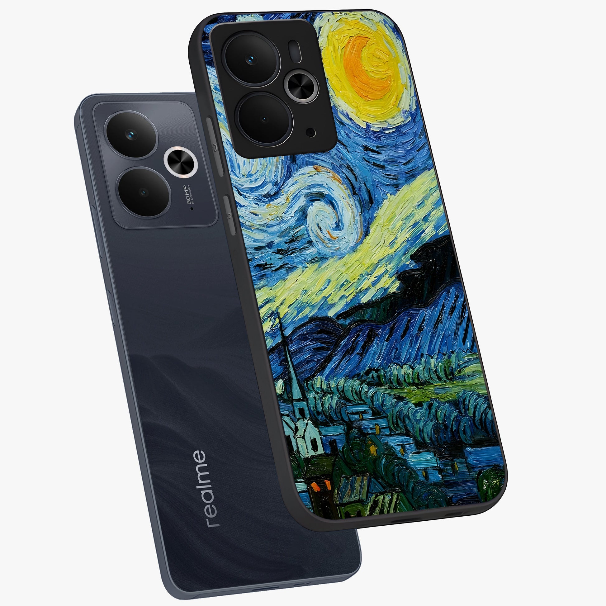 Van Gogh Art Glass Case displayed in angled mockup highlighting swirling brushstroke design with artistic aesthetic.