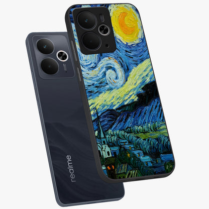 Van Gogh Art Glass Case displayed in angled mockup highlighting swirling brushstroke design with artistic aesthetic.