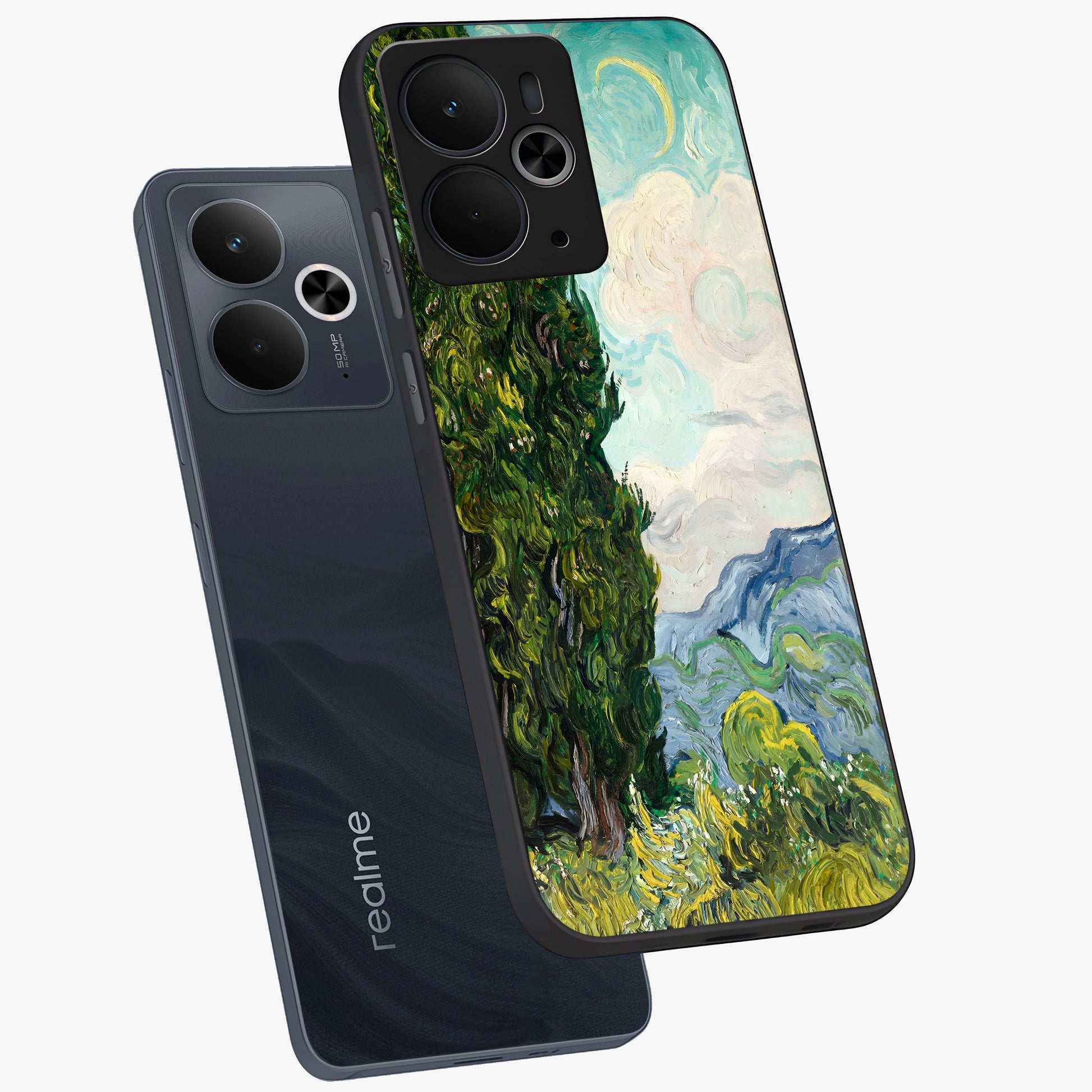 Van Gogh Vintage Art Glass Case displayed in angled mockup highlighting textured brushstroke design with classic aesthetic.