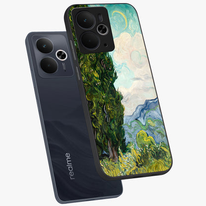 Van Gogh Vintage Art Glass Case displayed in angled mockup highlighting textured brushstroke design with classic aesthetic.
