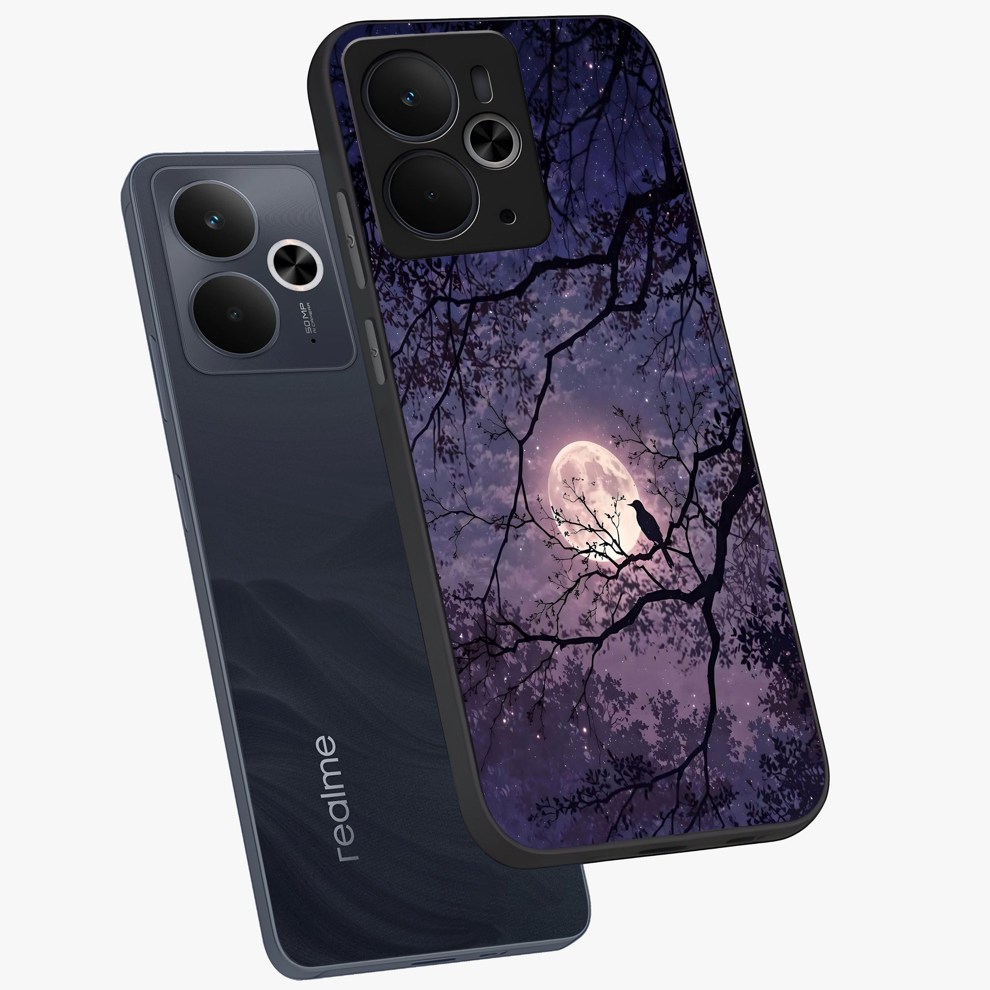 Whispering Moon Silence Glass Case displayed in angled mockup highlighting calm lunar design with dreamy night aesthetic.
