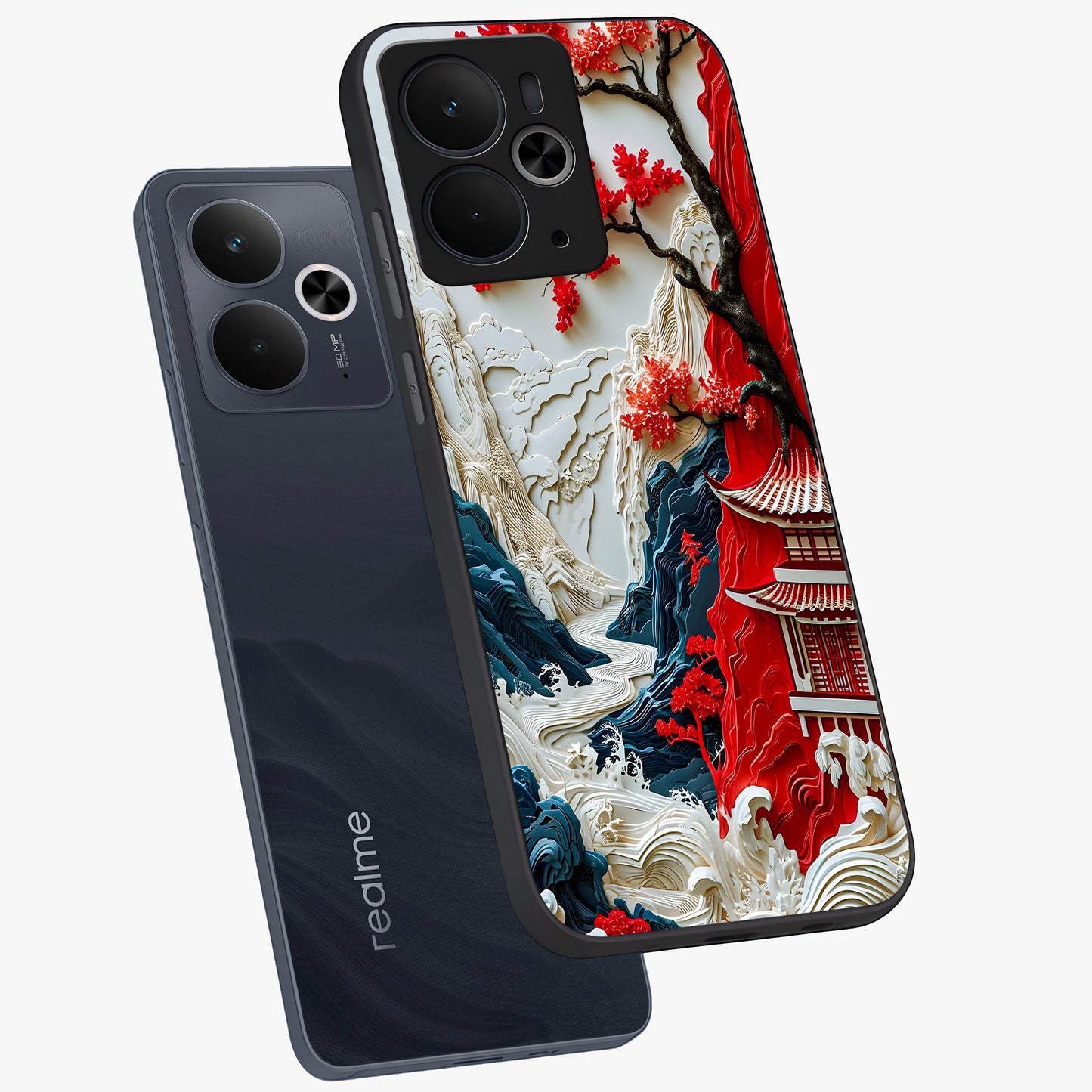 Whispers Of Sakura Waves Glass Case displayed in angled mockup highlighting flowing sakura design with soft floral aesthetic.