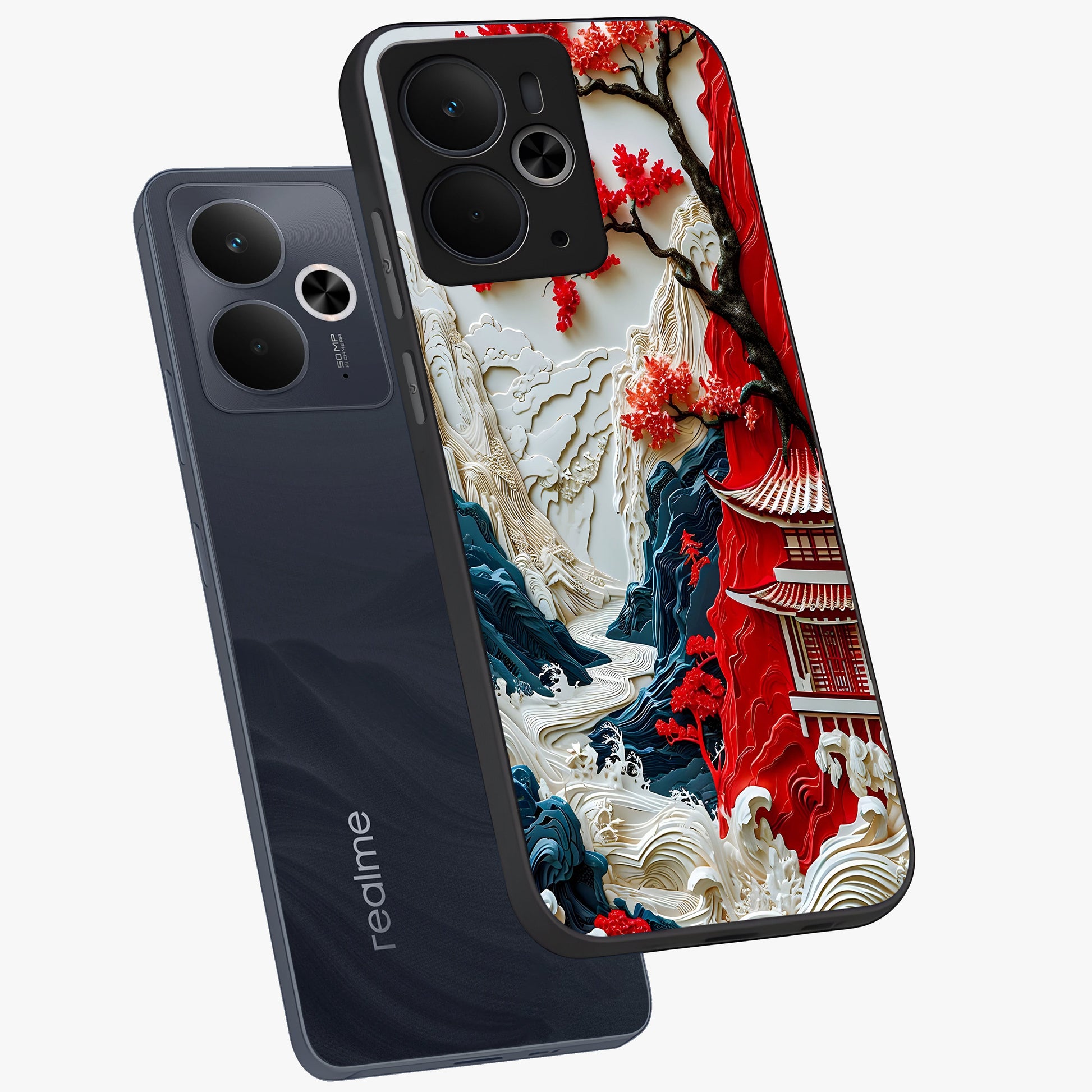 Whispers Of Sakura Waves Glass Case displayed in angled mockup highlighting flowing sakura design with soft floral aesthetic.