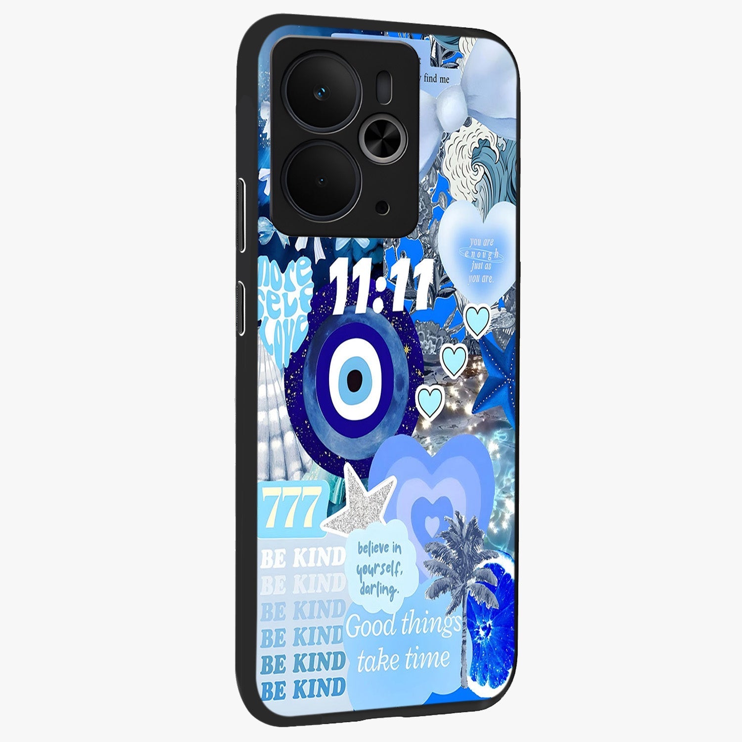 Aesthetic Be Kind Eye Glass Case upright view showcasing stylish eye illustration with positive message theme.