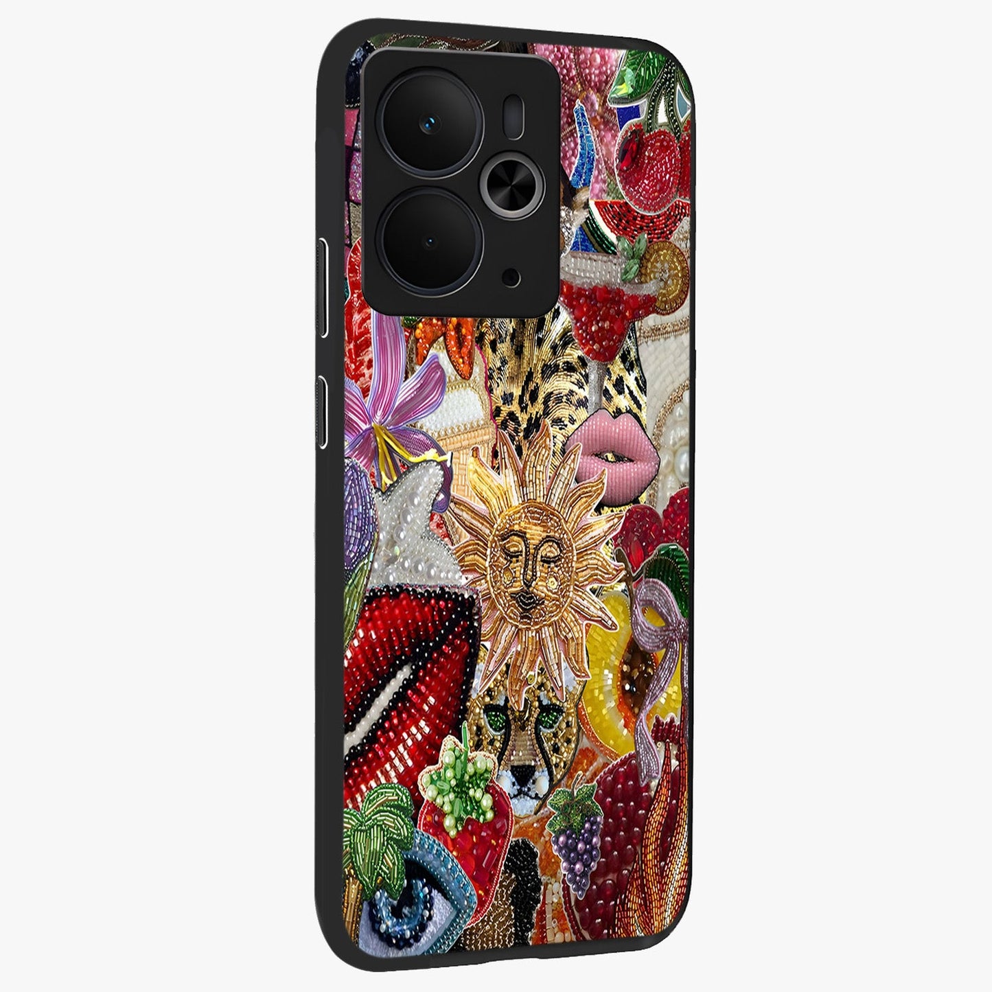Beaded Fashion Jungle Glass Case upright view showcasing tropical jungle aesthetic with decorative bead elements.