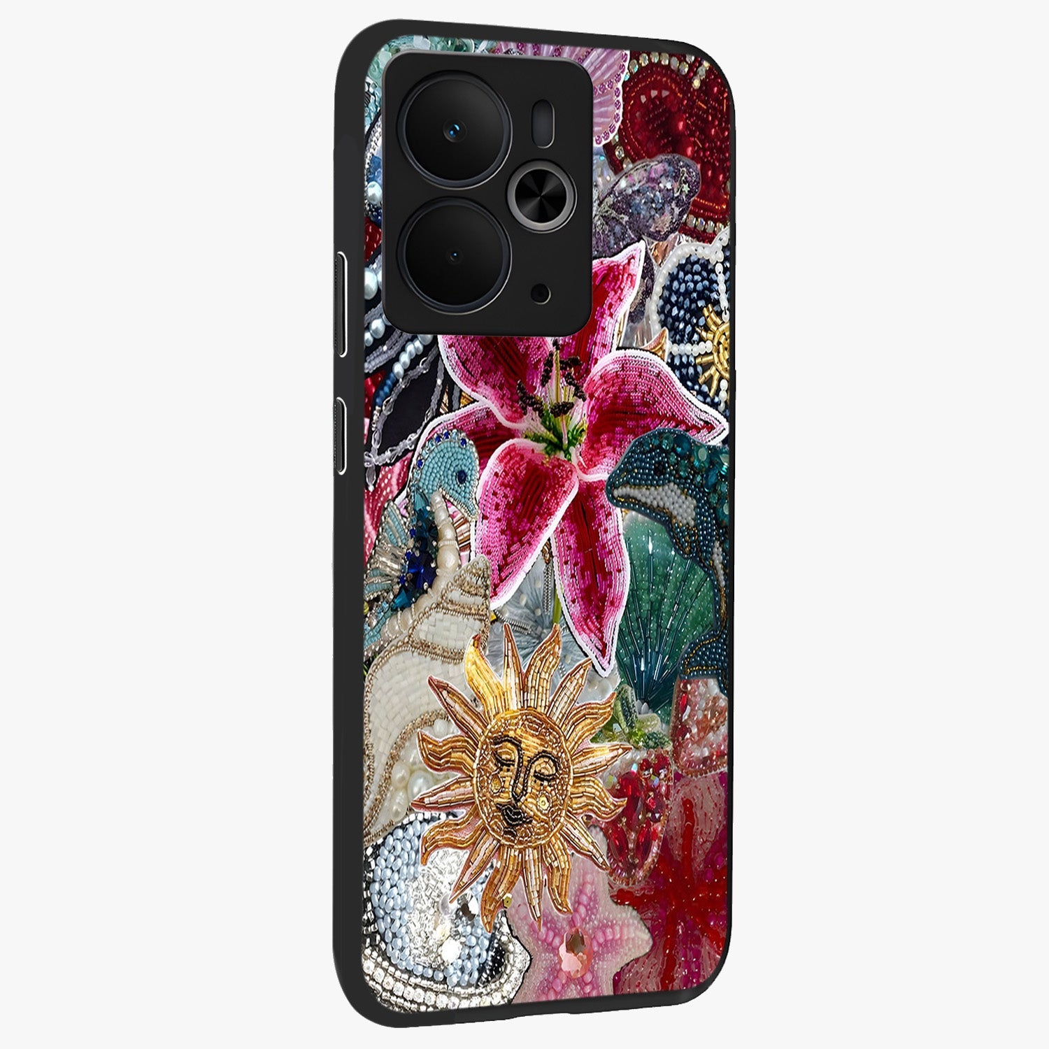 Beaded Garden Fantasy Glass Case upright view showcasing whimsical garden aesthetic with artistic bead details.