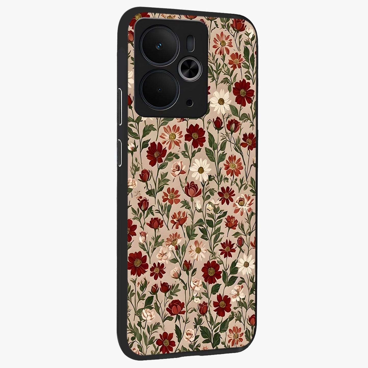 Biege Flower With Leaf Glass Case upright view showcasing delicate beige flower illustration with clean botanical style.
