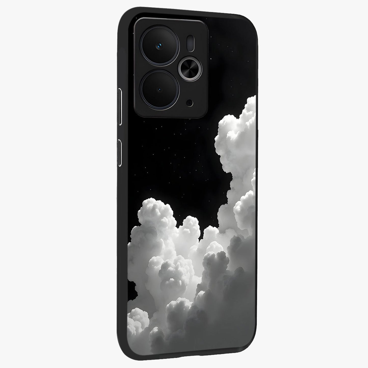 Black Background With White Cloud Glass Case upright view showcasing calm cloud aesthetic with modern minimal style.