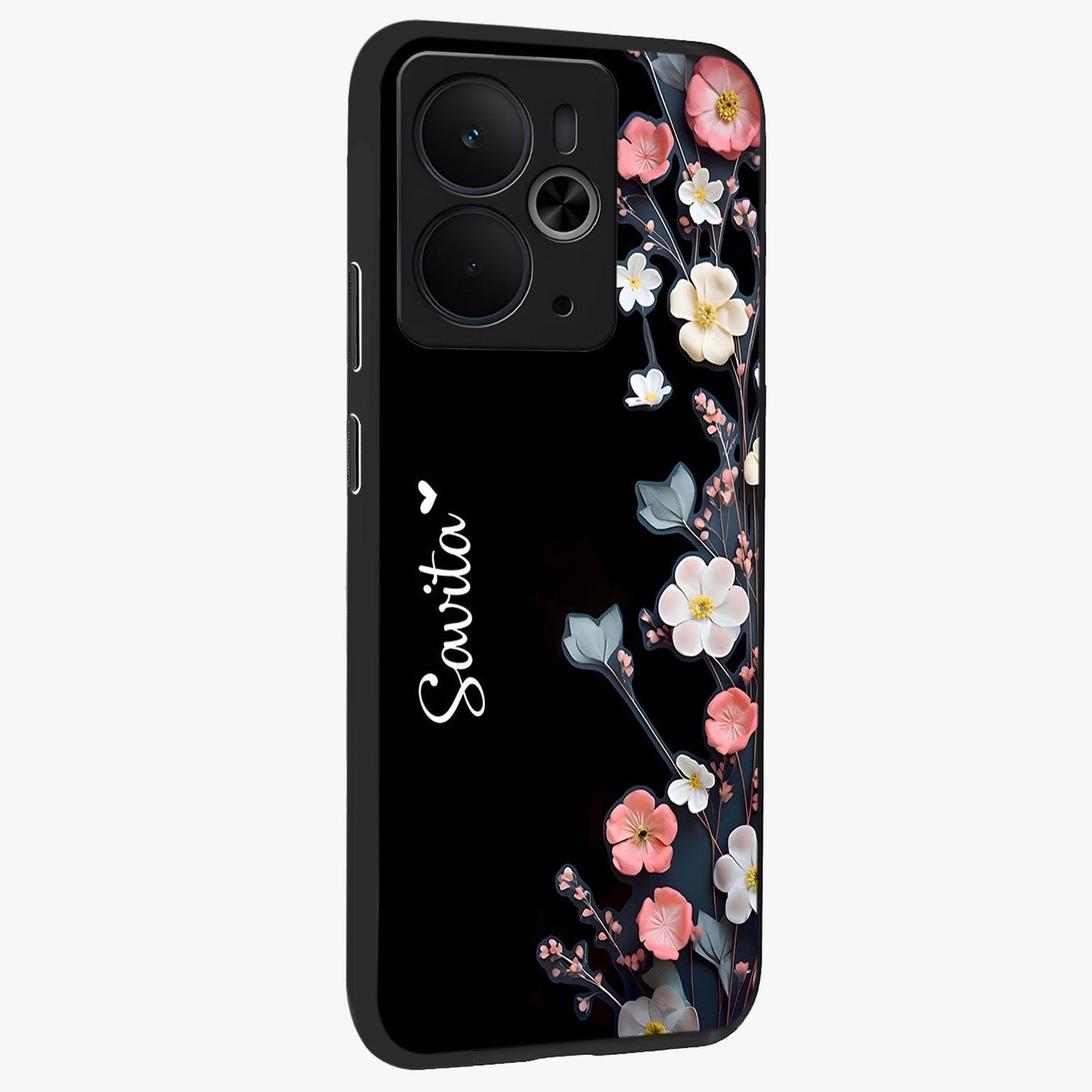 Black Elegance Floral Custom Name Glass Case upright view showcasing luxurious black floral design with personalized name detail.