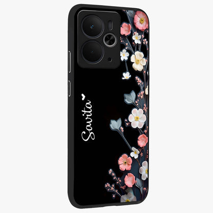Black Elegance Floral Custom Name Glass Case upright view showcasing luxurious black floral design with personalized name detail.
