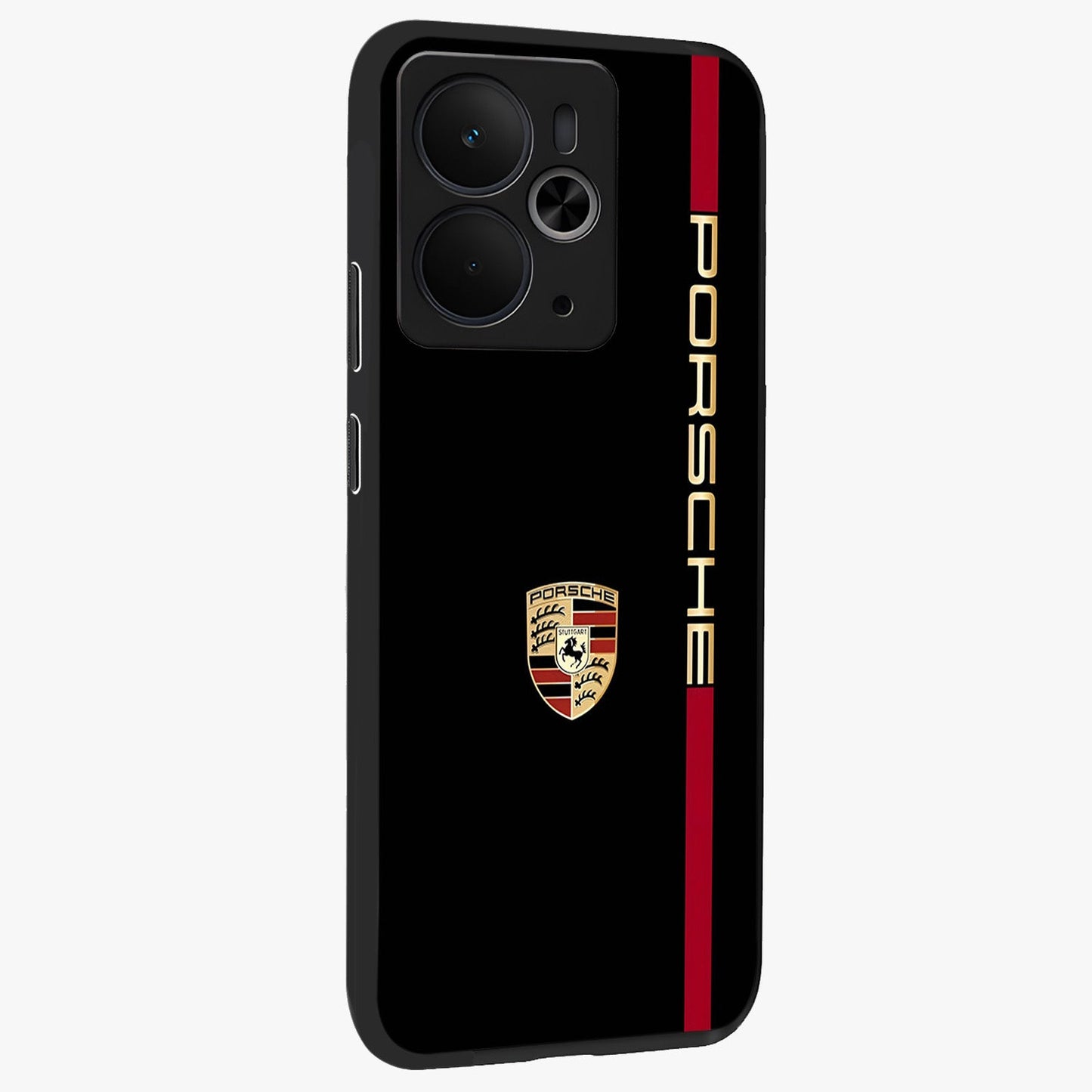 Black Minimal Porsche Glass Case upright view showcasing stylish automotive artwork with bold minimal theme.
