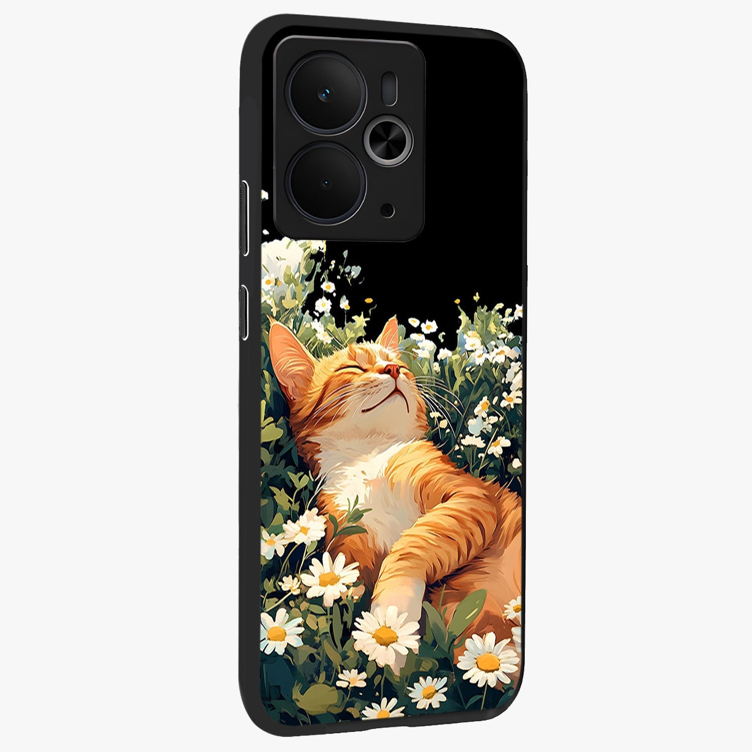 Blissful Bloom Cat Glass Case upright view showcasing charming cat design surrounded by blooming floral elements.