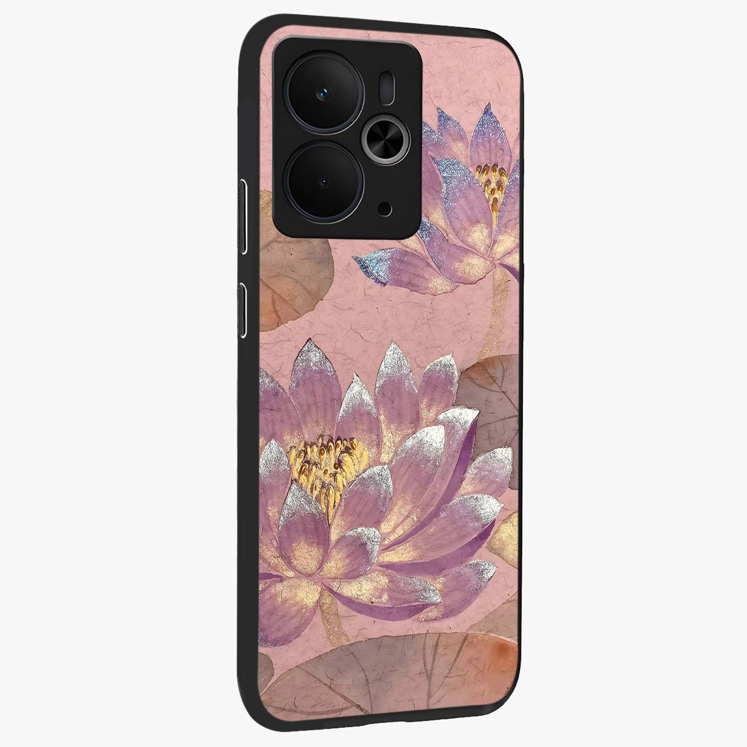 Blossom Mist Lotus Glass Case upright view showcasing graceful lotus flower design with peaceful botanical style.