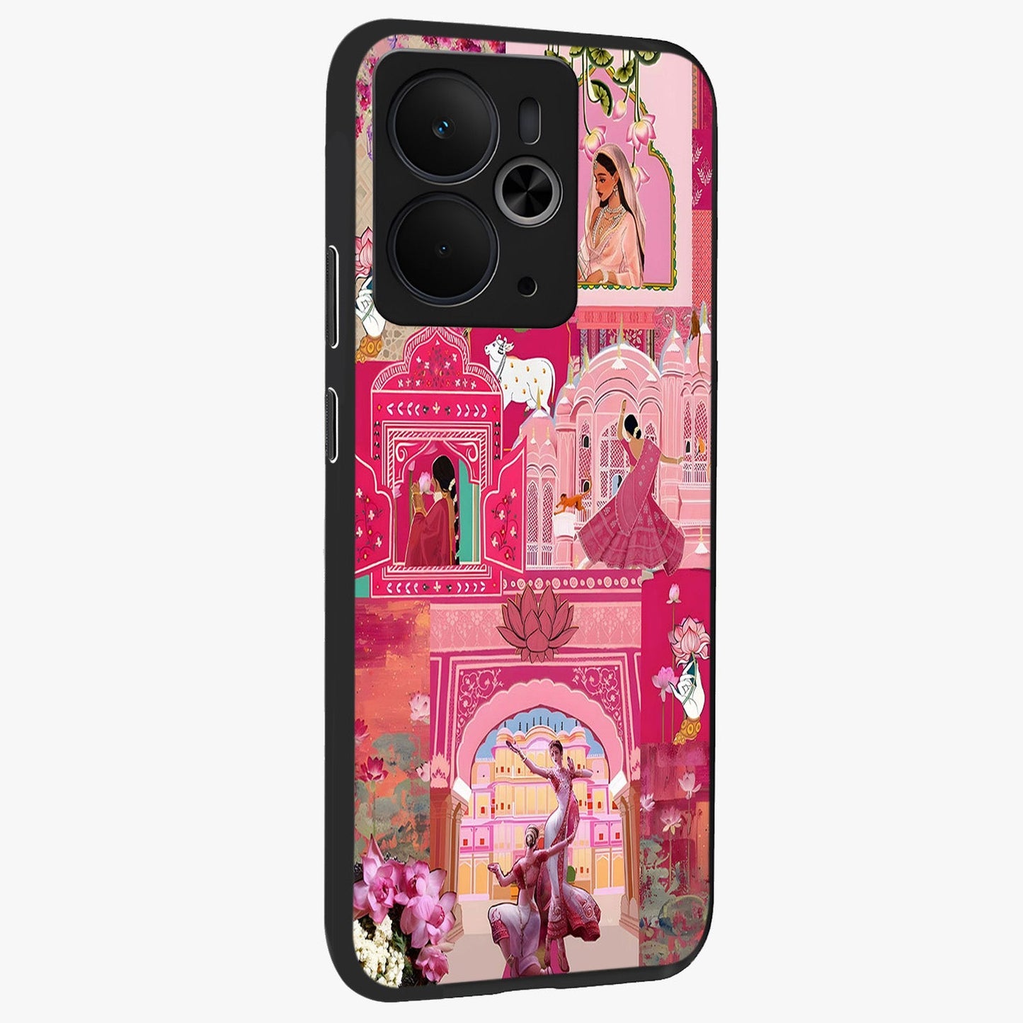 Blossoms of Rajasthan Glass Case upright view showcasing colorful floral design inspired by traditional Indian art.