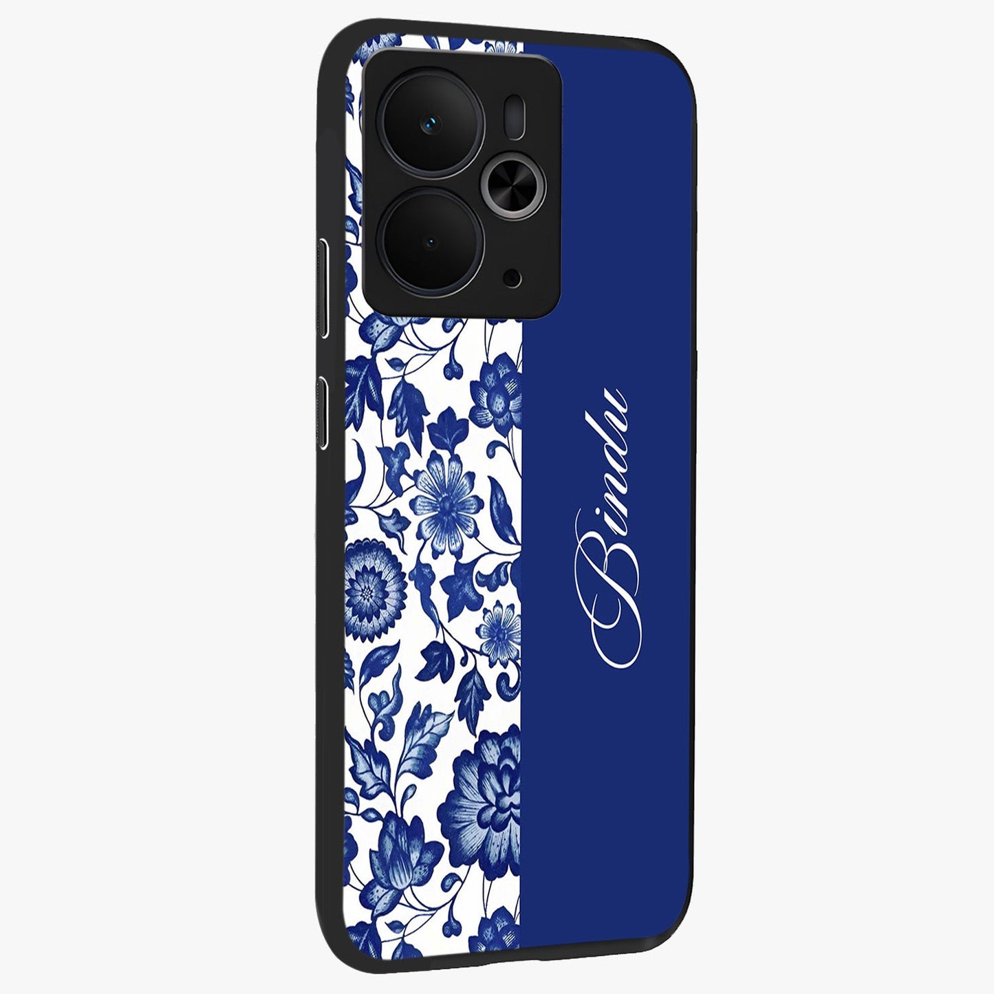 Blue Vintage Floral Pattern Glass Case upright view showcasing delicate blush floral texture with modern minimal style.