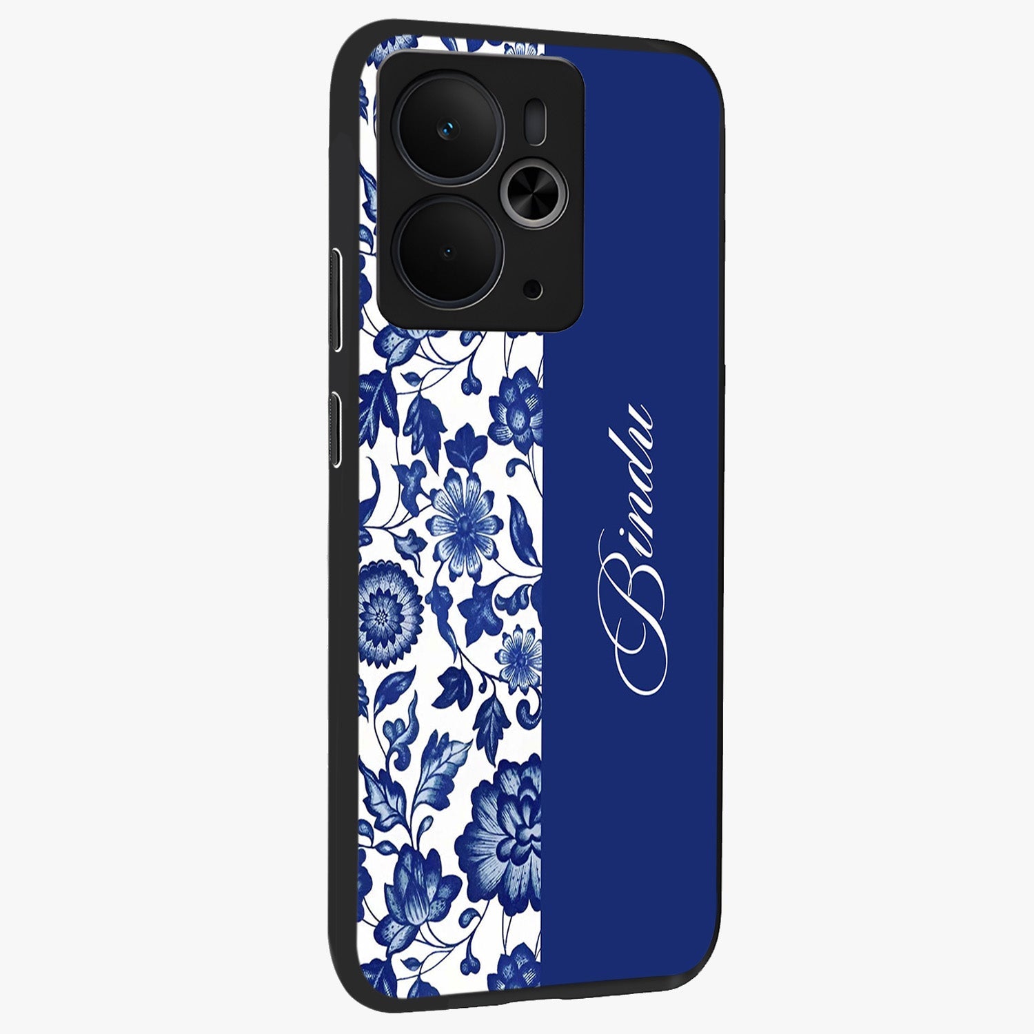 Blue Vintage Floral Pattern Glass Case upright view showcasing delicate blush floral texture with modern minimal style.