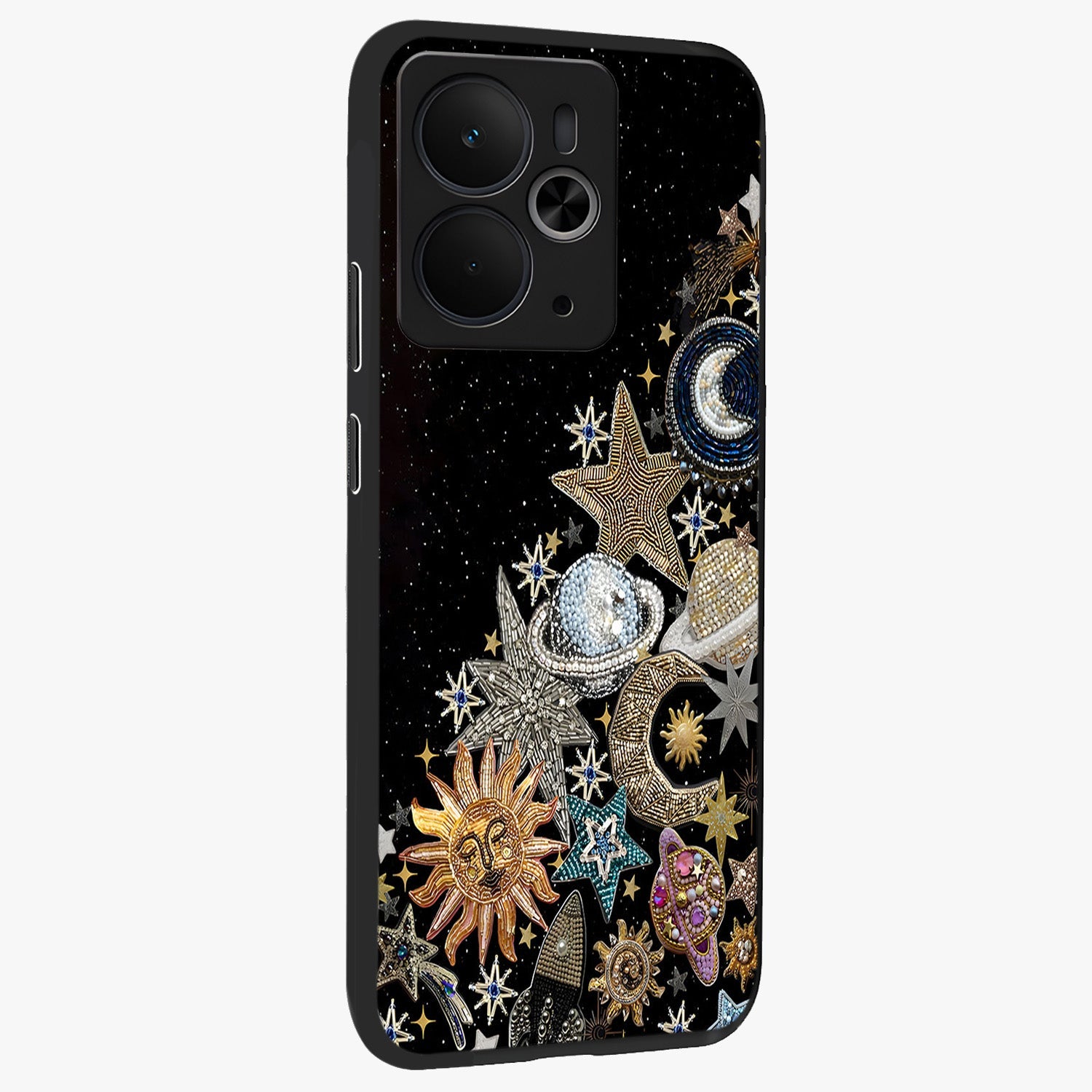 Cosmic Sparkle Dreams Glass Case upright view showcasing glowing cosmic artwork with magical galaxy theme.