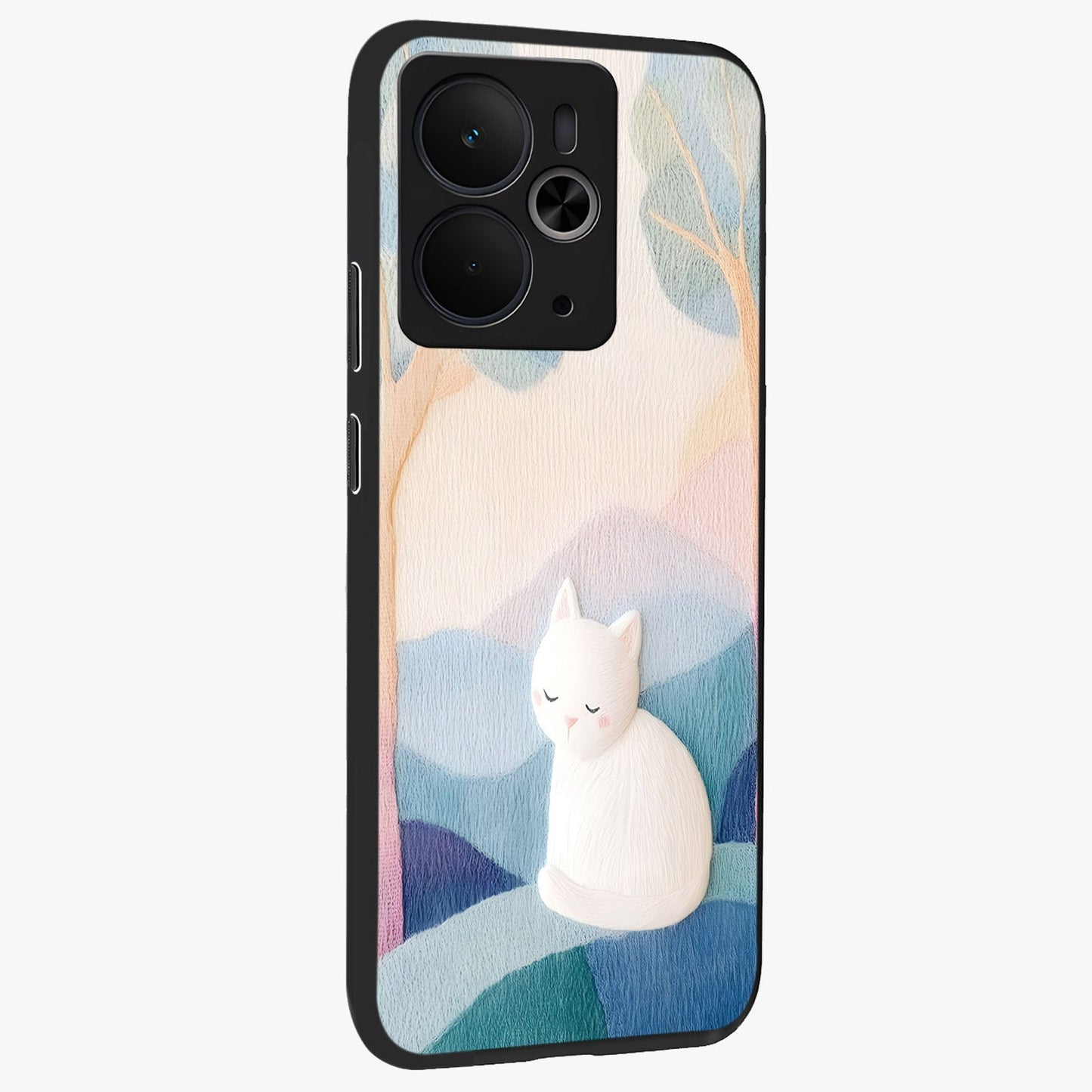 Cotton Dream Cat Glass Case upright view showcasing charming cat artwork with cozy dreamy theme.