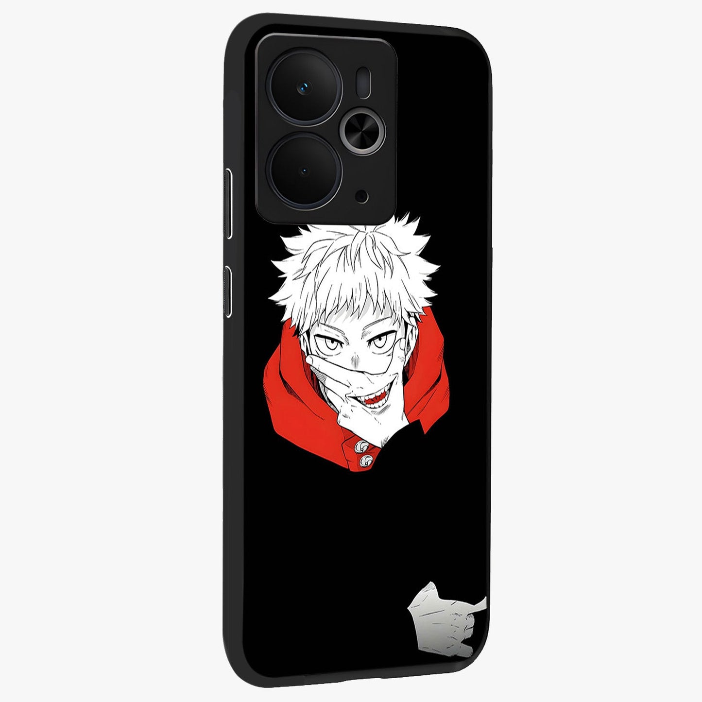 Crimson Chaos Smile Glass Case upright view showcasing expressive chaotic artwork with striking visual theme.
