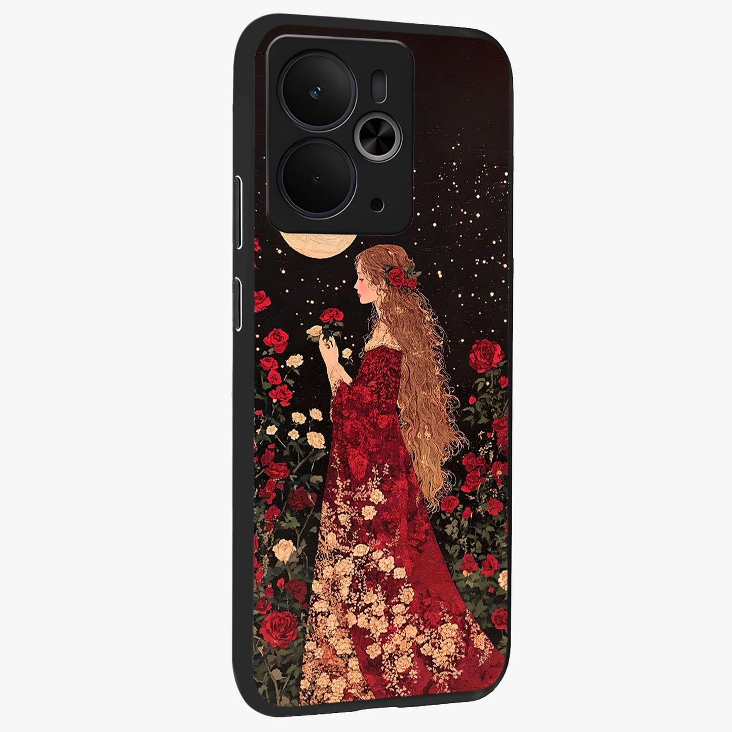 Crimson Dreams Glass Case upright view showcasing dreamy red toned artwork with modern aesthetic style.