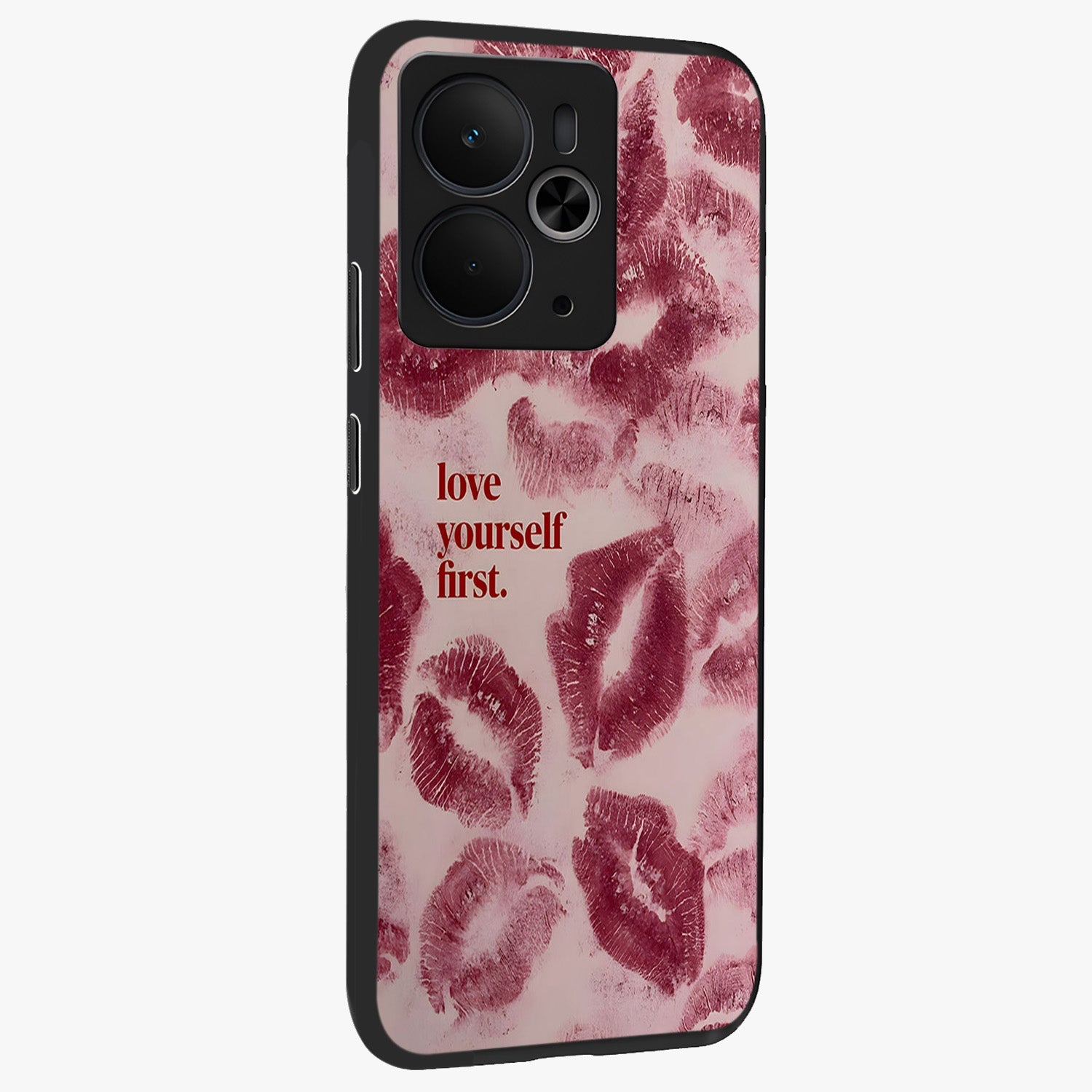 Crimson Kiss Love Glass Case upright view showcasing expressive romantic artwork with deep crimson theme.