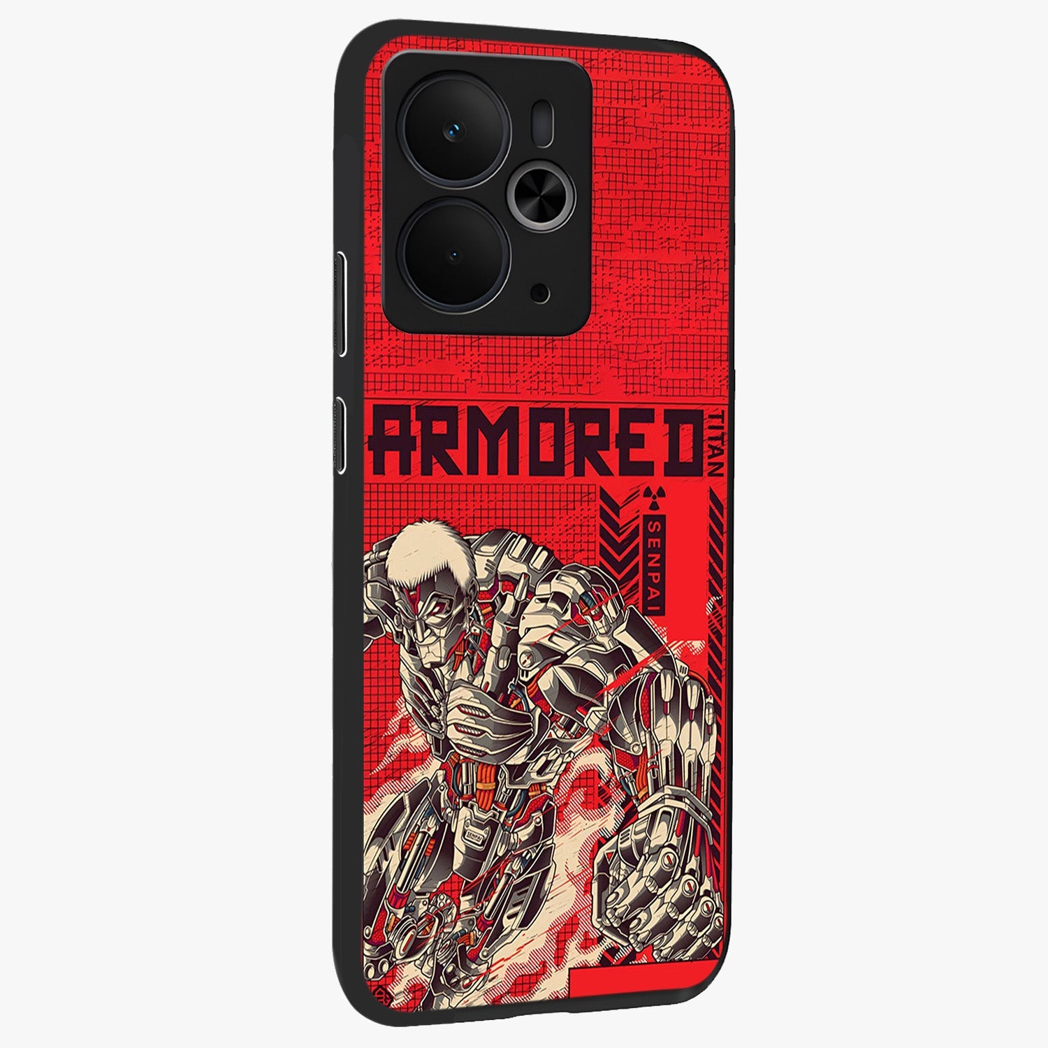Crimson Mecha Titan Glass Case upright view showcasing dynamic robotic titan design with sci-fi inspired theme.
