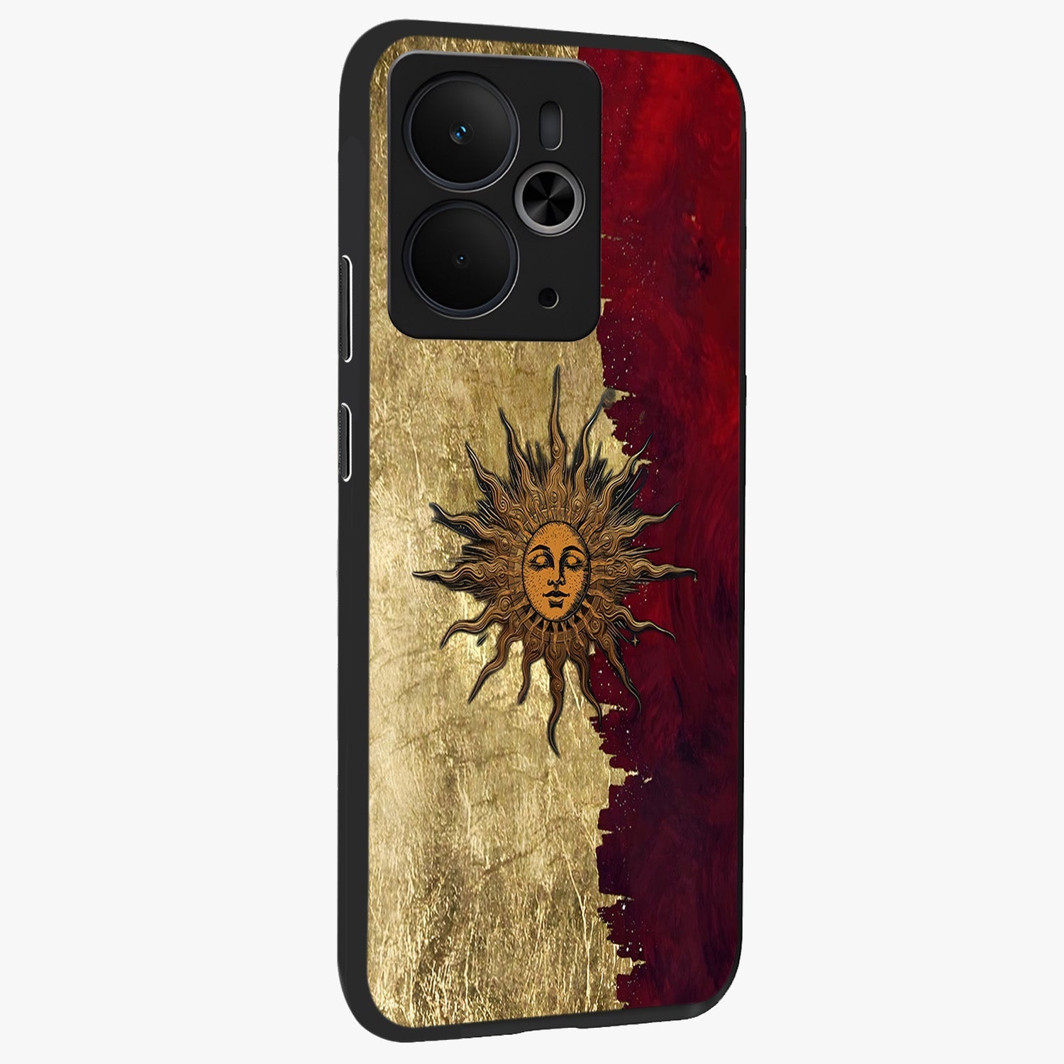 Crimson Sun Majesty Glass Case upright view showcasing vibrant sun artwork with powerful celestial theme.