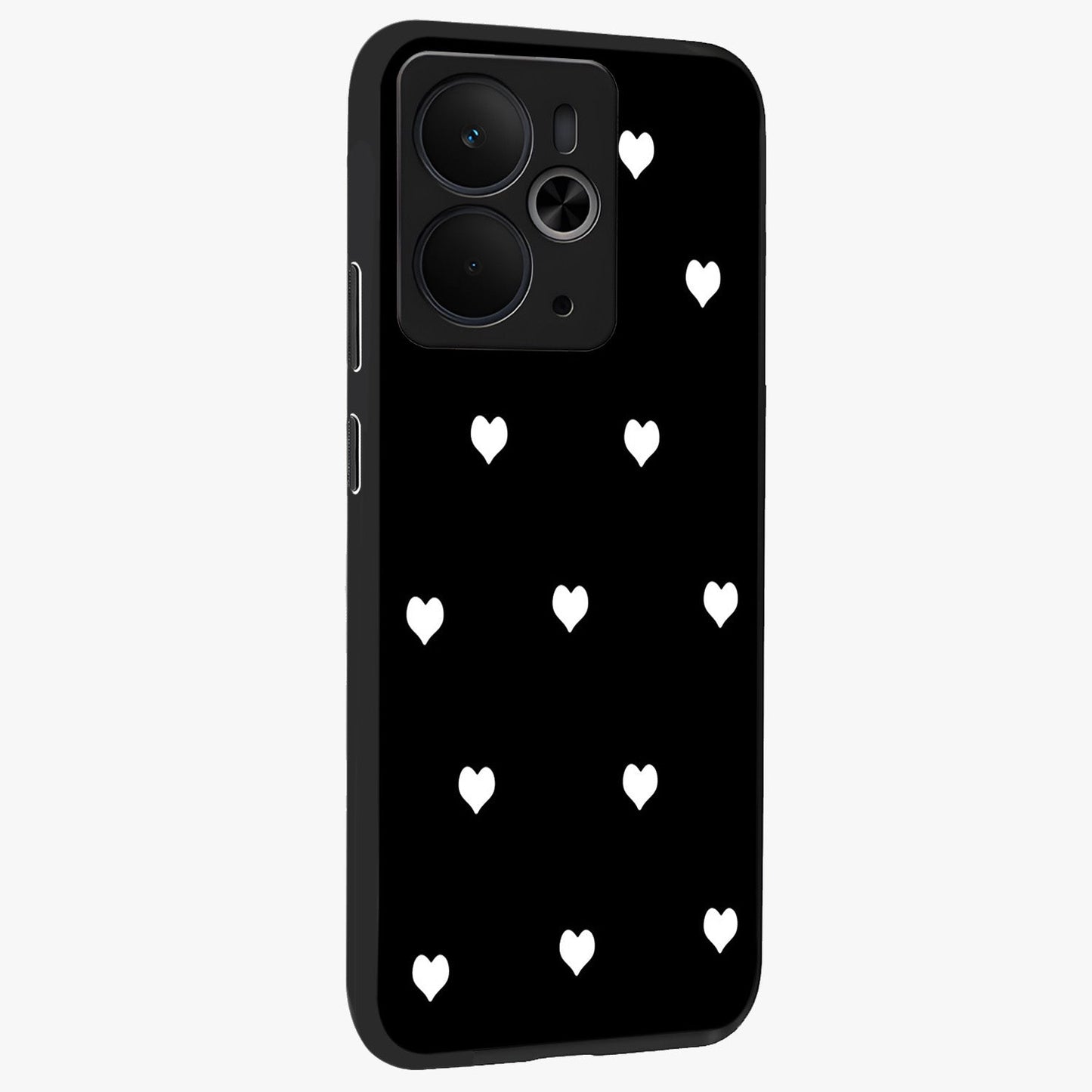 Cute And Simple White Hearts Glass Case upright view showcasing simple white hearts artwork with soft minimal theme.