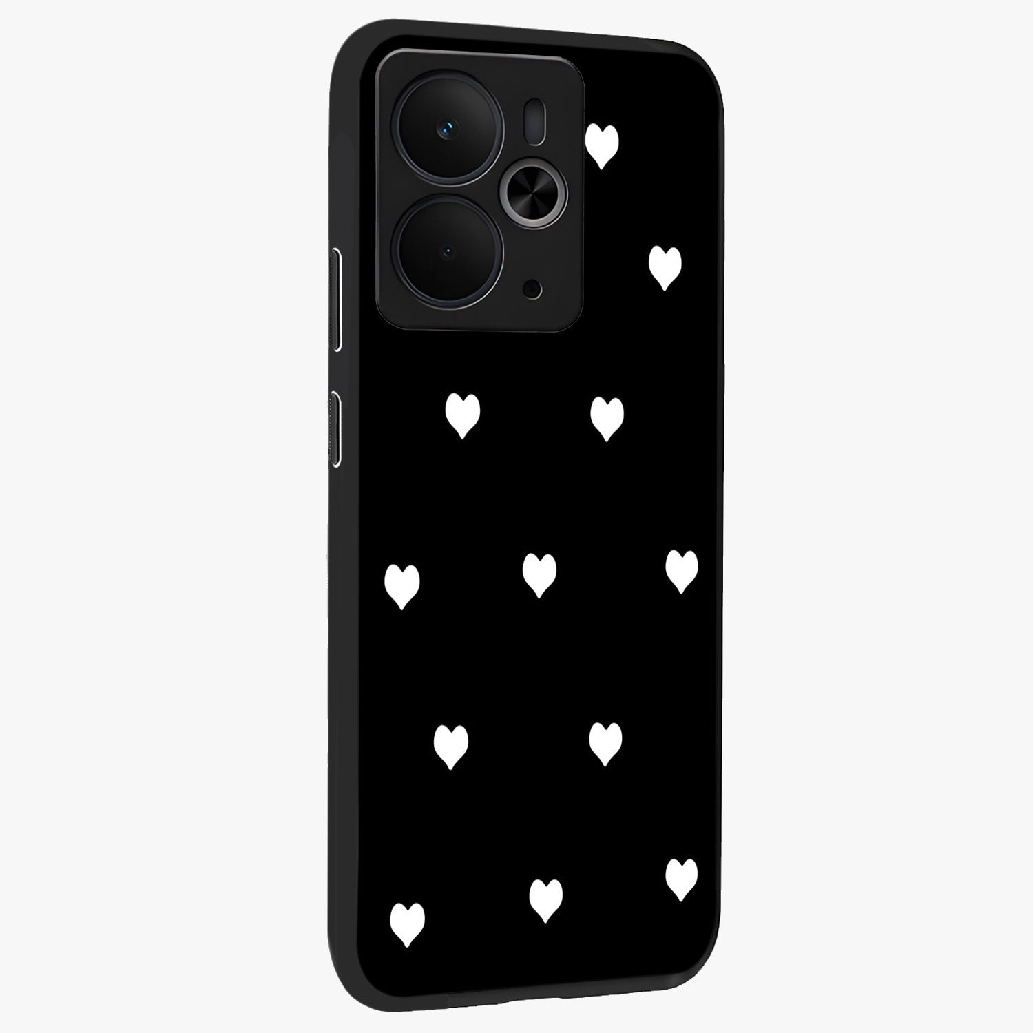 Cute And Simple White Hearts Glass Case upright view showcasing simple white hearts artwork with soft minimal theme.