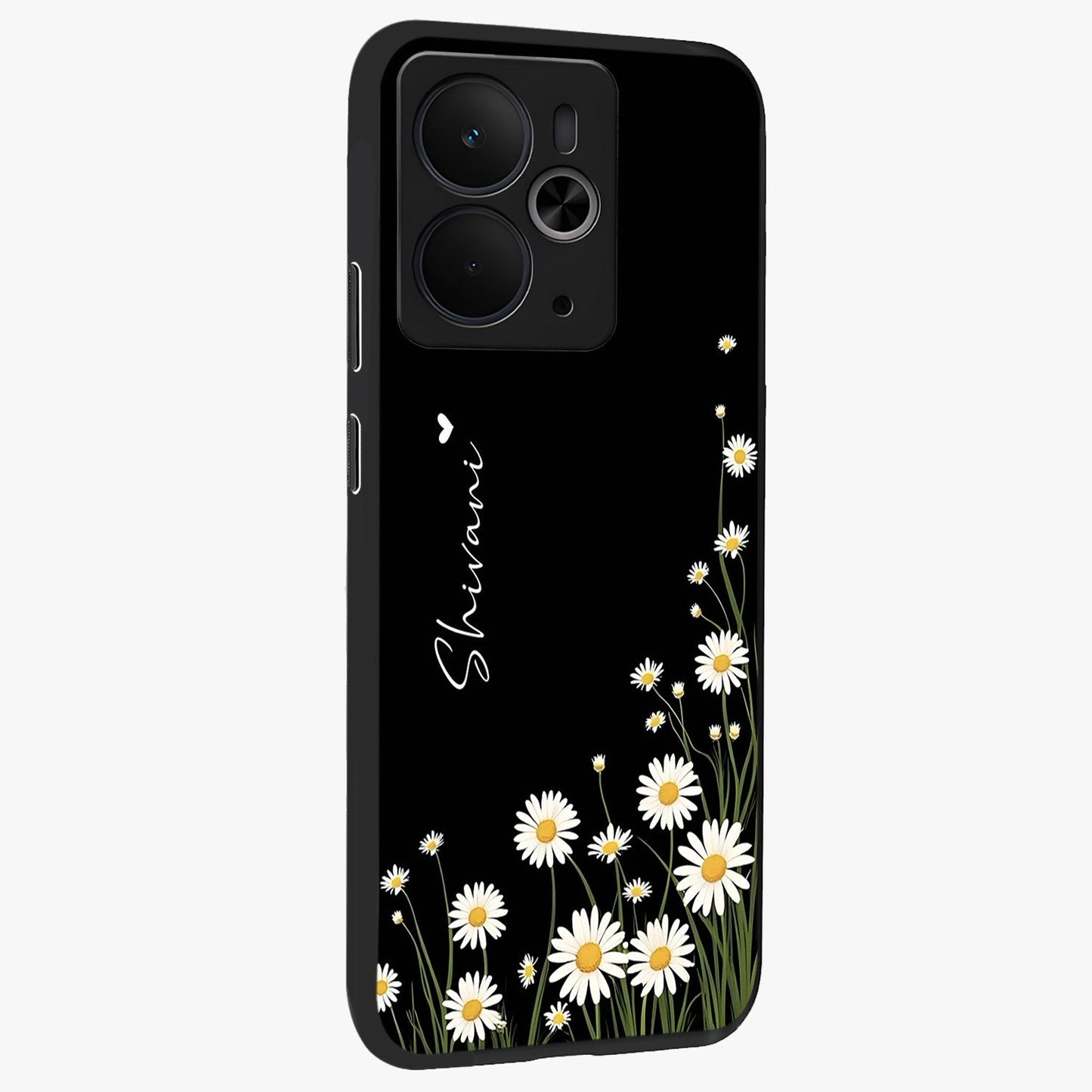 Daisy Cascade Custom Name Glass Case upright view showcasing elegant floral cascade design with personalized aesthetic.