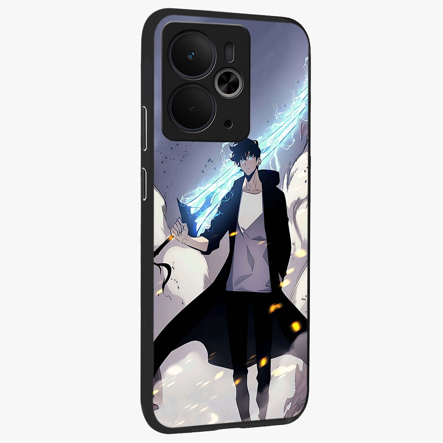 Dark Lightning Anime Warrior Glass Case upright view showcasing dramatic warrior artwork with dark lightning aesthetic.