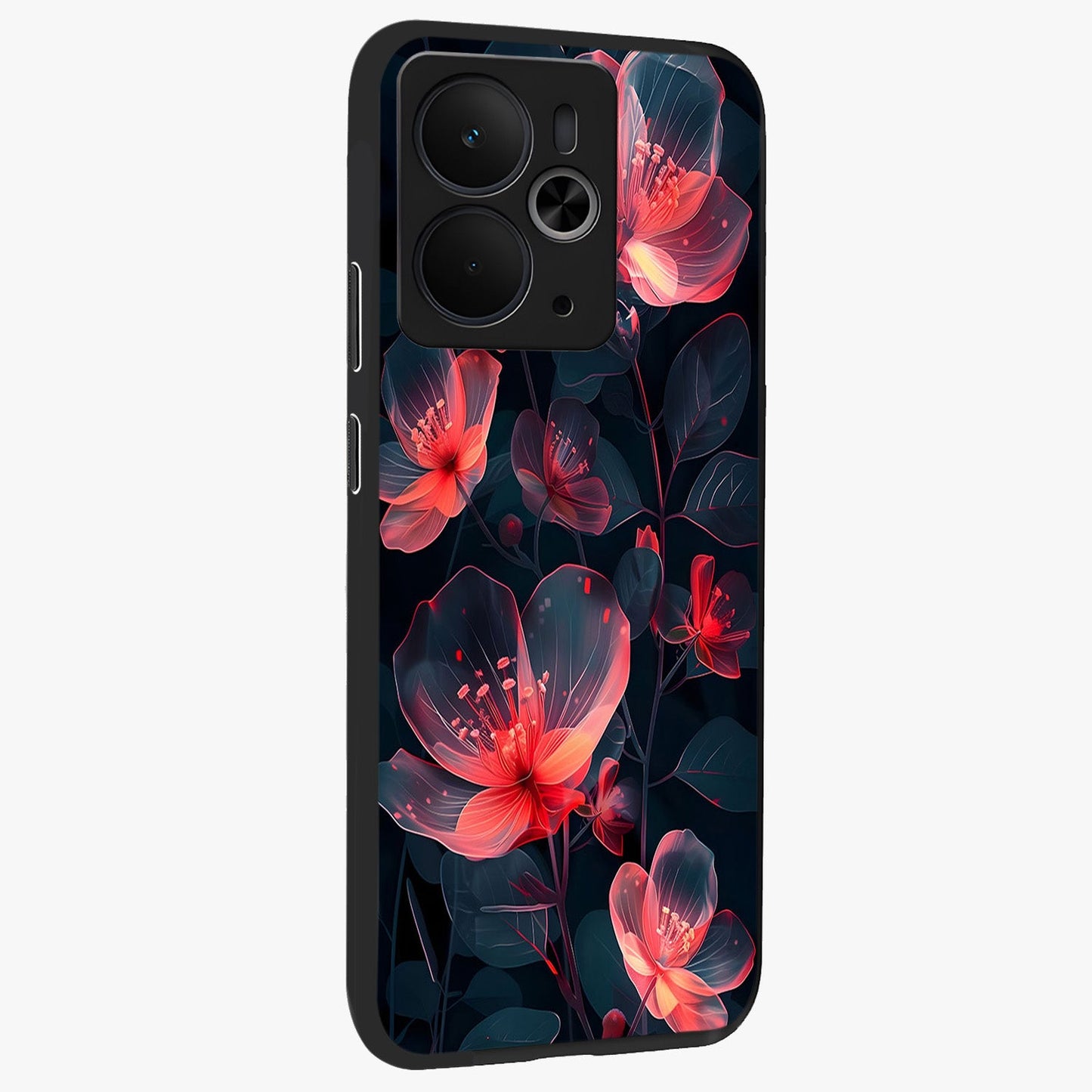Dark Shade of Flower Glass Case upright view showcasing delicate flower artwork with rich dark floral theme.