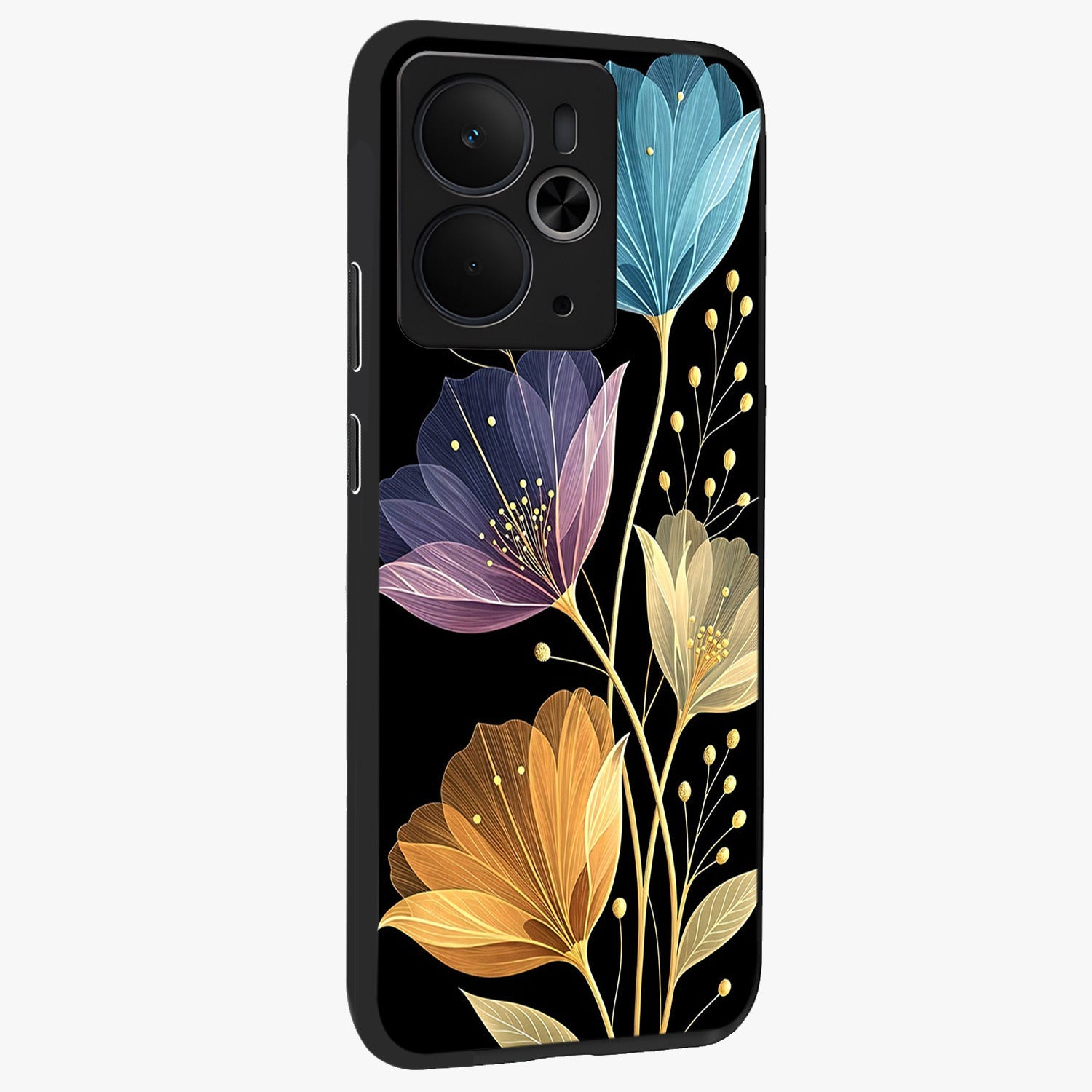 Delicate Multicolor Flowers Glass Case upright view showcasing delicate floral artwork with bright botanical theme.