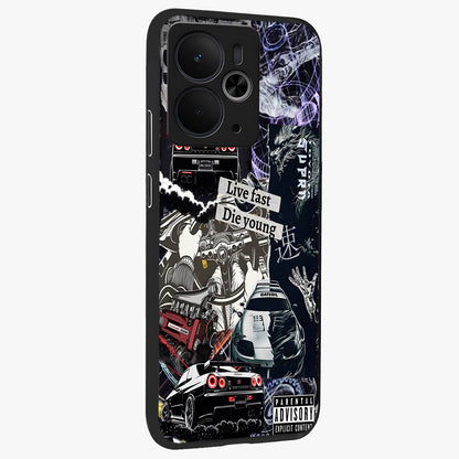 Die Young Glass Case upright view showcasing striking typography artwork with modern statement theme.