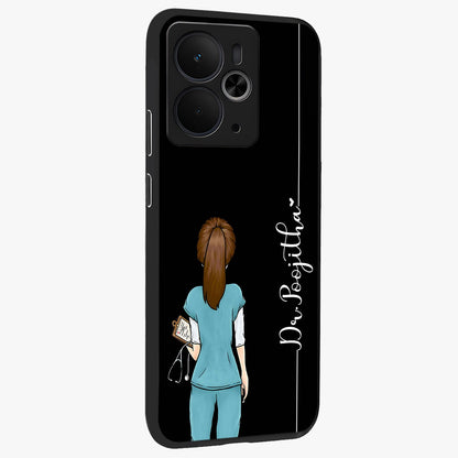 Doctor Pattern Custom Name Glass Case upright view showcasing healthcare themed design with personalized aesthetic.