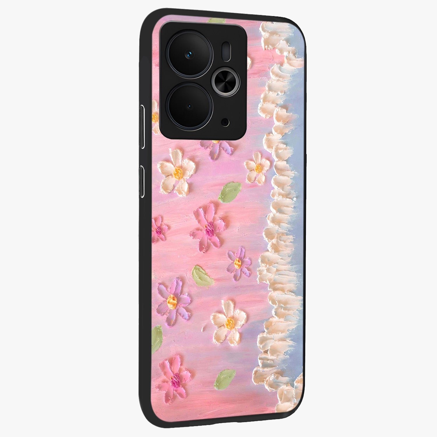 Dreamy Painted Garden Glass Case upright view showcasing vibrant floral garden artwork with artistic nature theme.