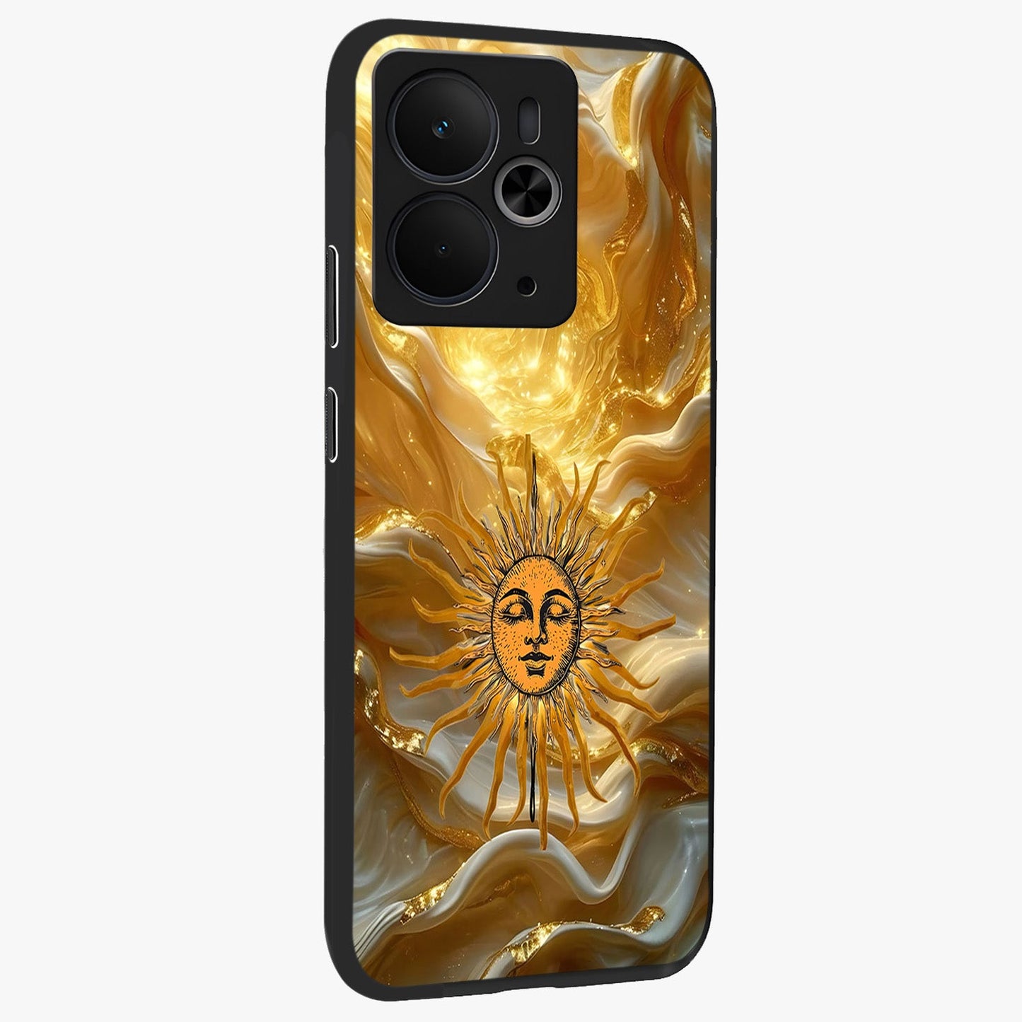 Eternal Golden Glow Glass Case upright view showcasing luminous golden artwork with luxurious visual theme.