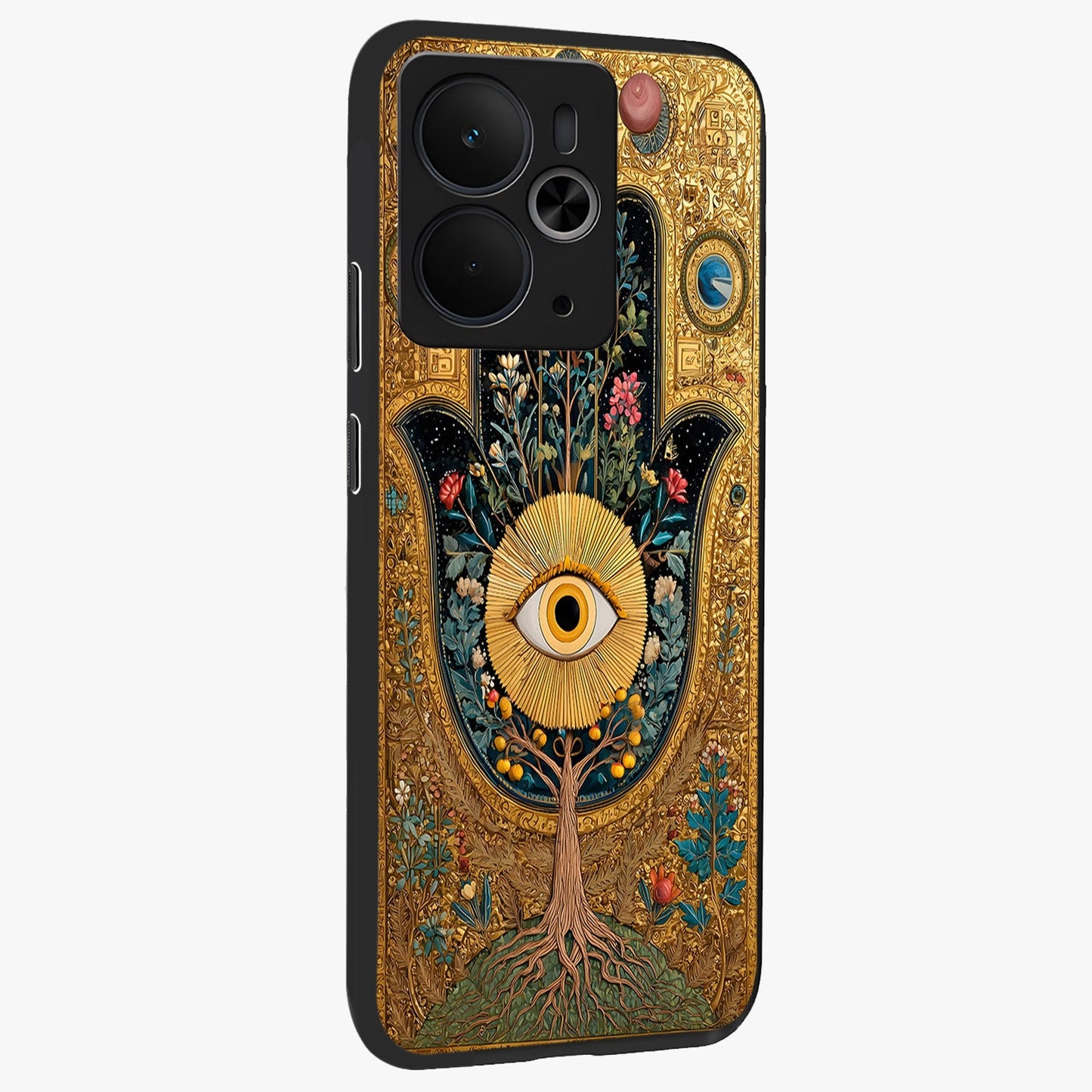 Ethereal Evil Eye Glass Case upright view showcasing celestial evil eye artwork with mystical theme.