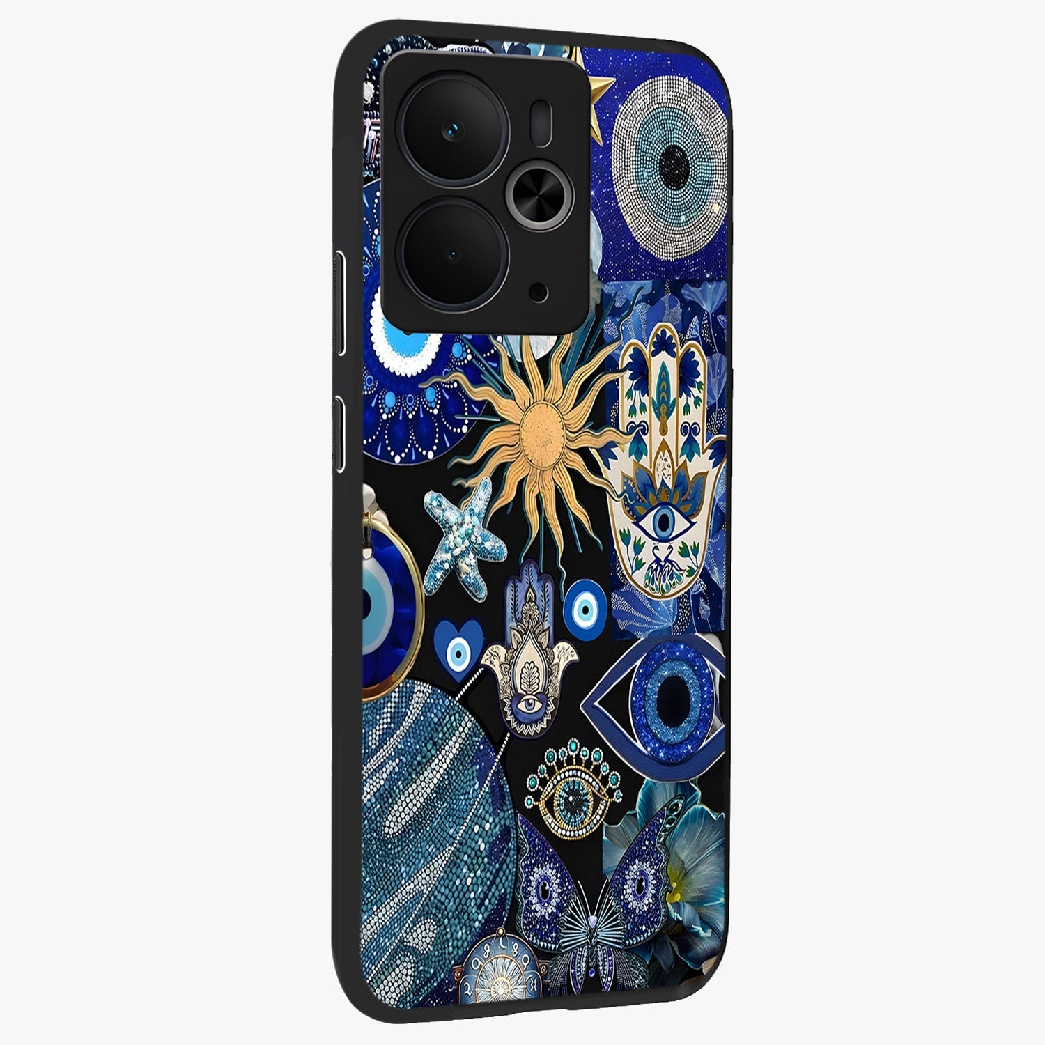 Evil Eye Charm Mix Glass Case upright view showcasing mystical evil eye pattern with vibrant decorative style.