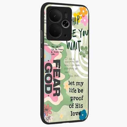 Faith Over Fear Glass Case upright view showcasing bold typography artwork with uplifting motivational theme.