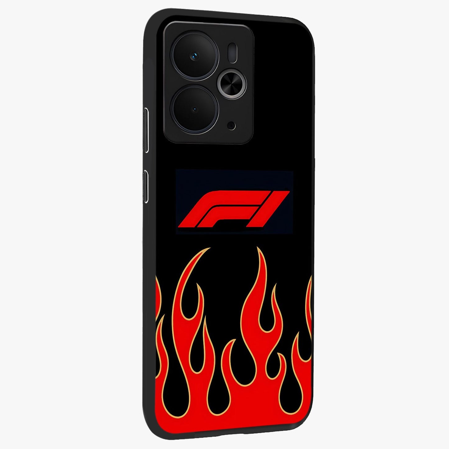 Fire F11 Glass Case upright view showcasing dynamic flame artwork with intense visual theme.