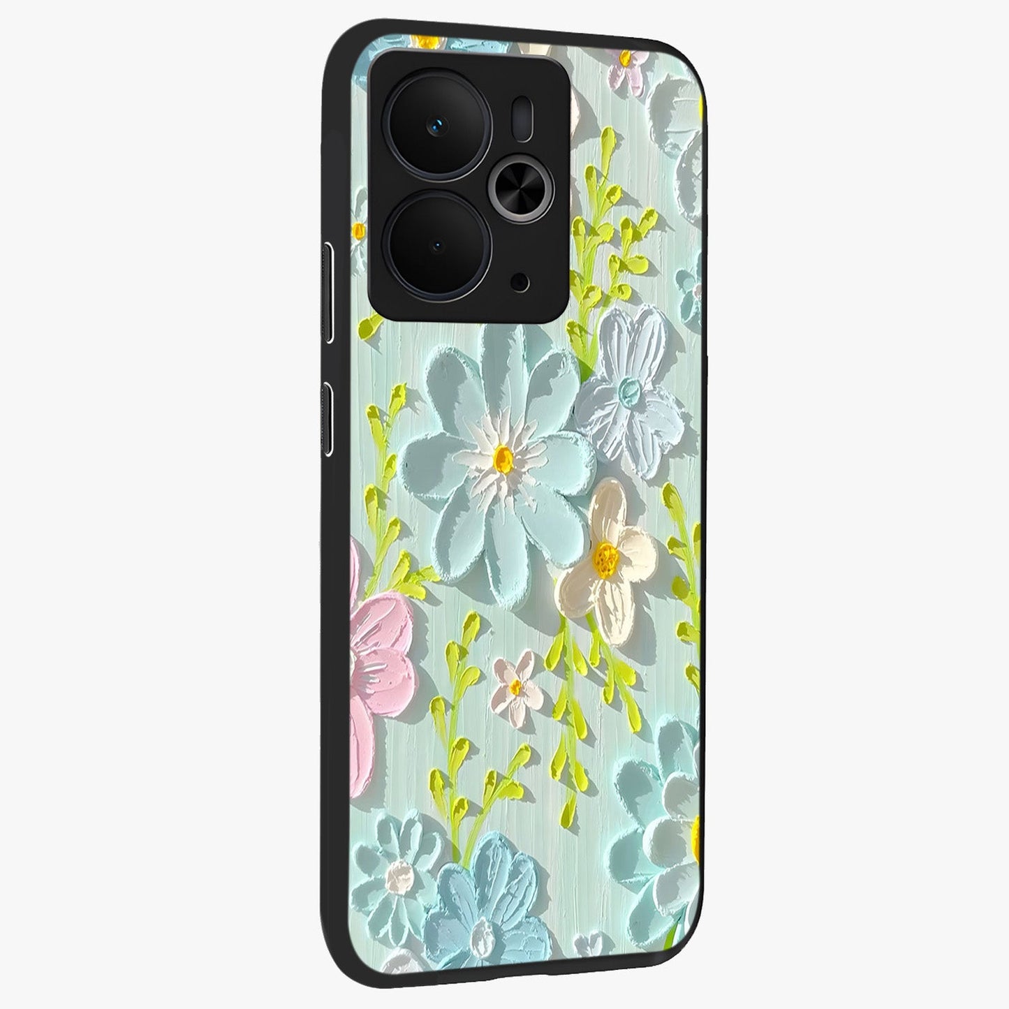 Frosted Petal Garden Glass Case upright view showcasing elegant floral garden artwork with soothing pastel theme.