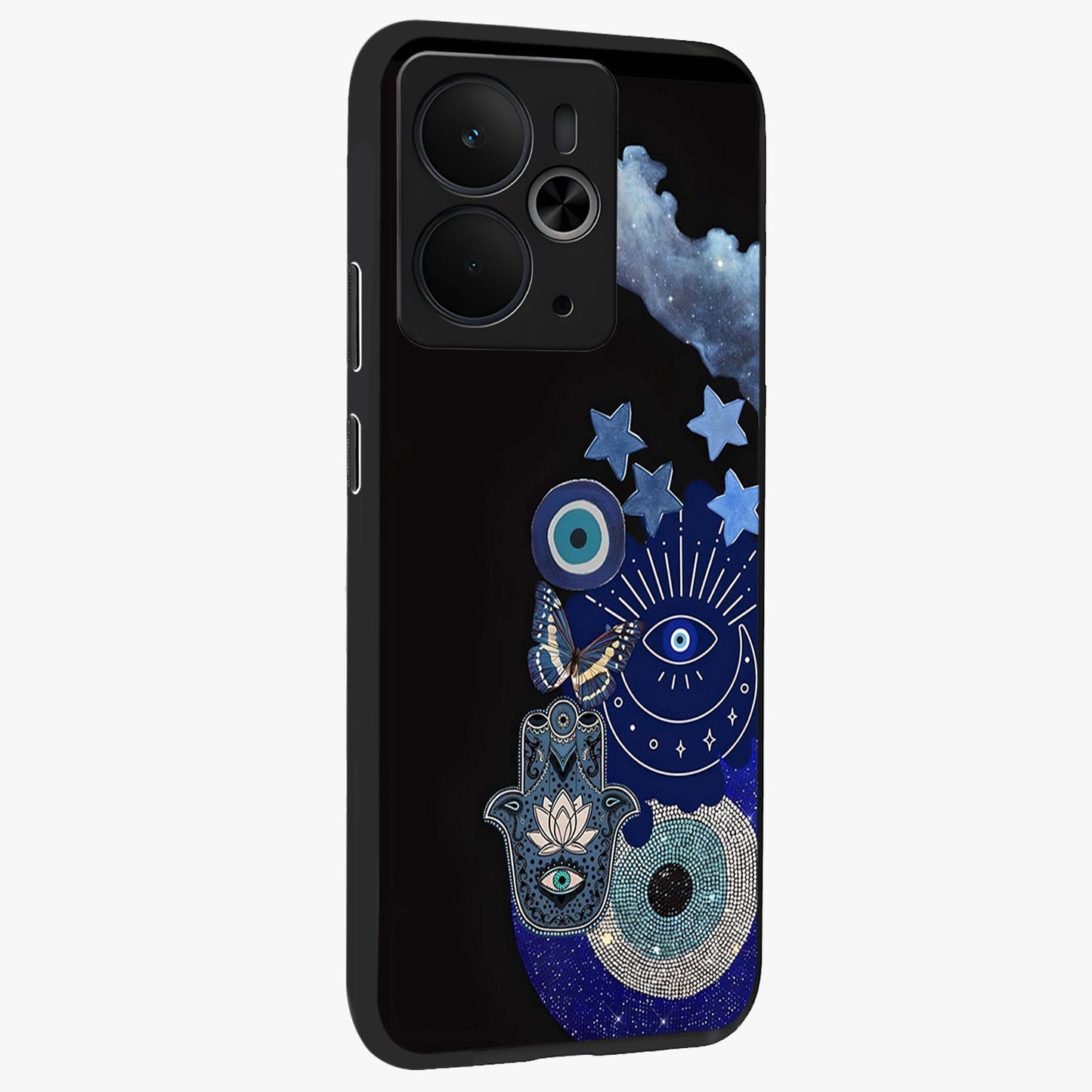Galactic Charm Cluster Glass Case upright view showcasing glowing cosmic charm artwork with magical celestial style.