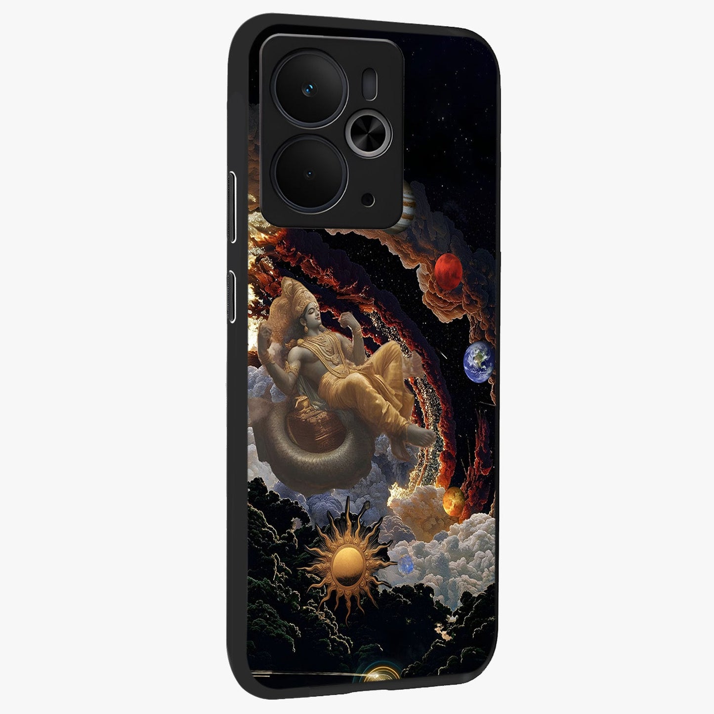 Galactic Divine God Glass Case upright view showcasing mystical divine artwork with dramatic cosmic theme.
