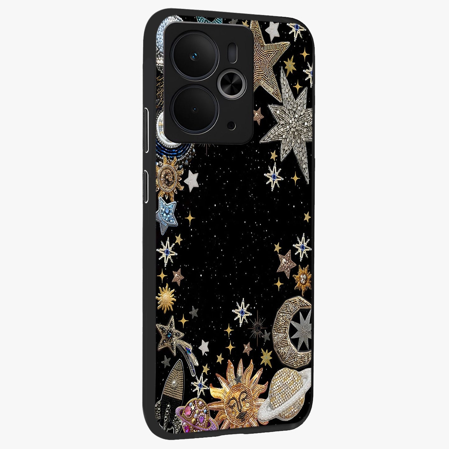 Galactic Jewel Stars Glass Case upright view showcasing glittering star jewel artwork with vibrant galaxy theme.