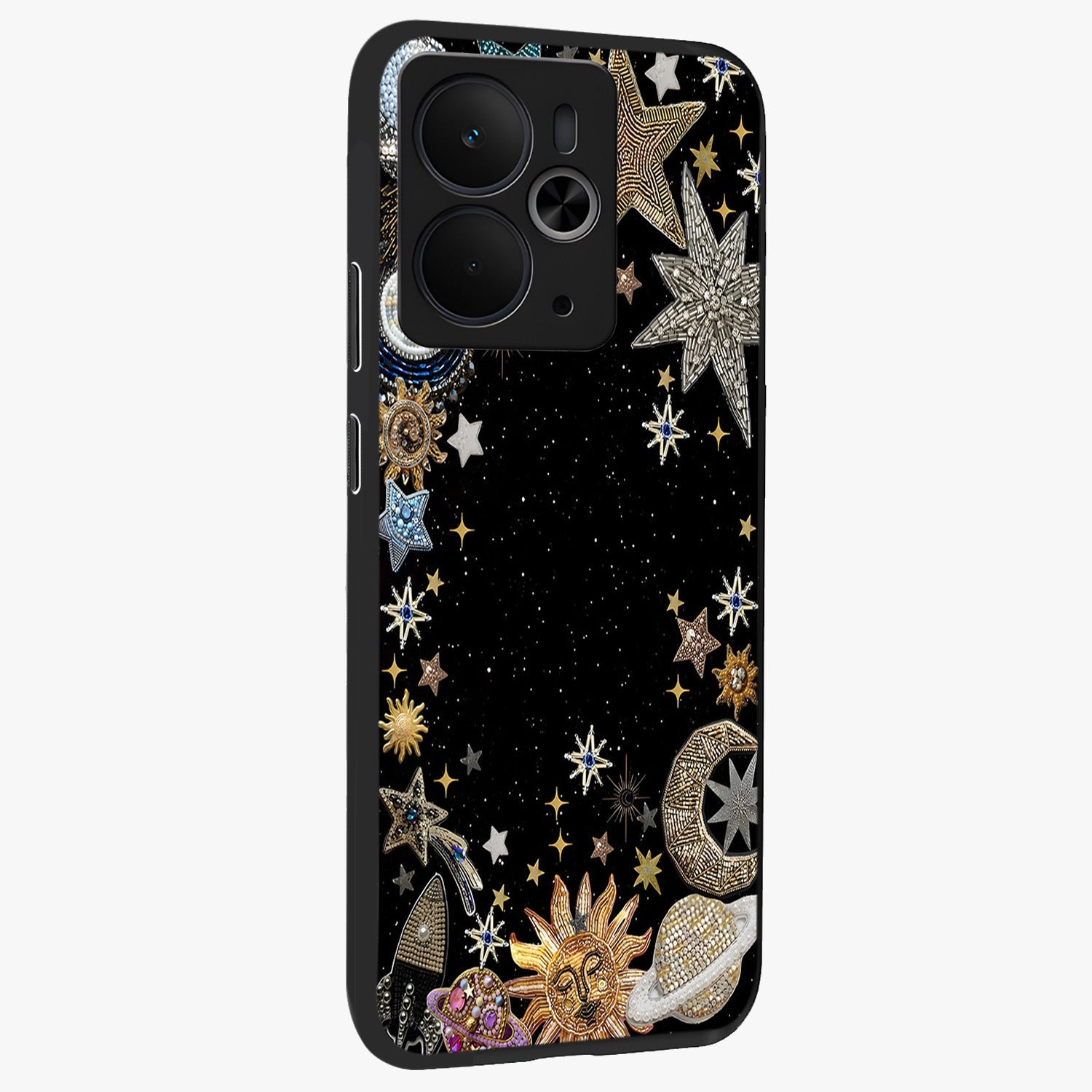Galactic Jewel Stars Glass Case upright view showcasing glittering star jewel artwork with vibrant galaxy theme.