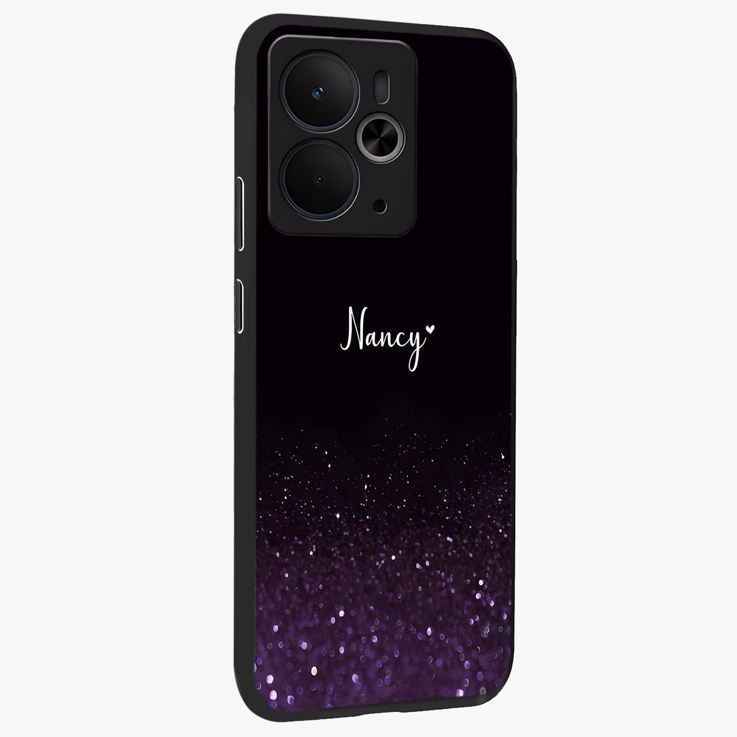 Glittery Purple Bokeh Custom Name Glass Case upright view showcasing vibrant purple sparkle artwork with personalized aesthetic style.
